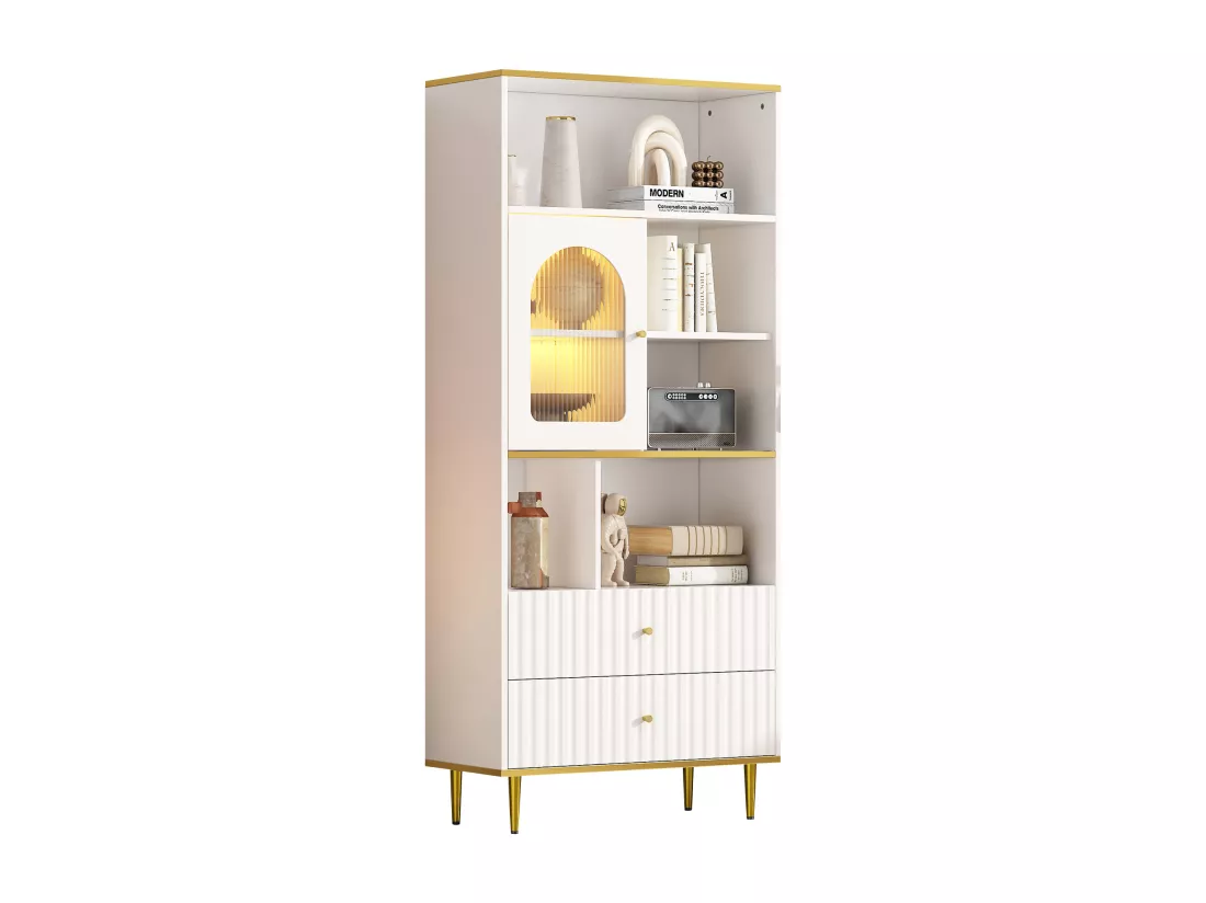 Vitrine avec 2 tiroirs, 1 porte et compartiments ouverts - 78 x 36 x 190 cm - LEDs - Panneaux de particules - Blanc