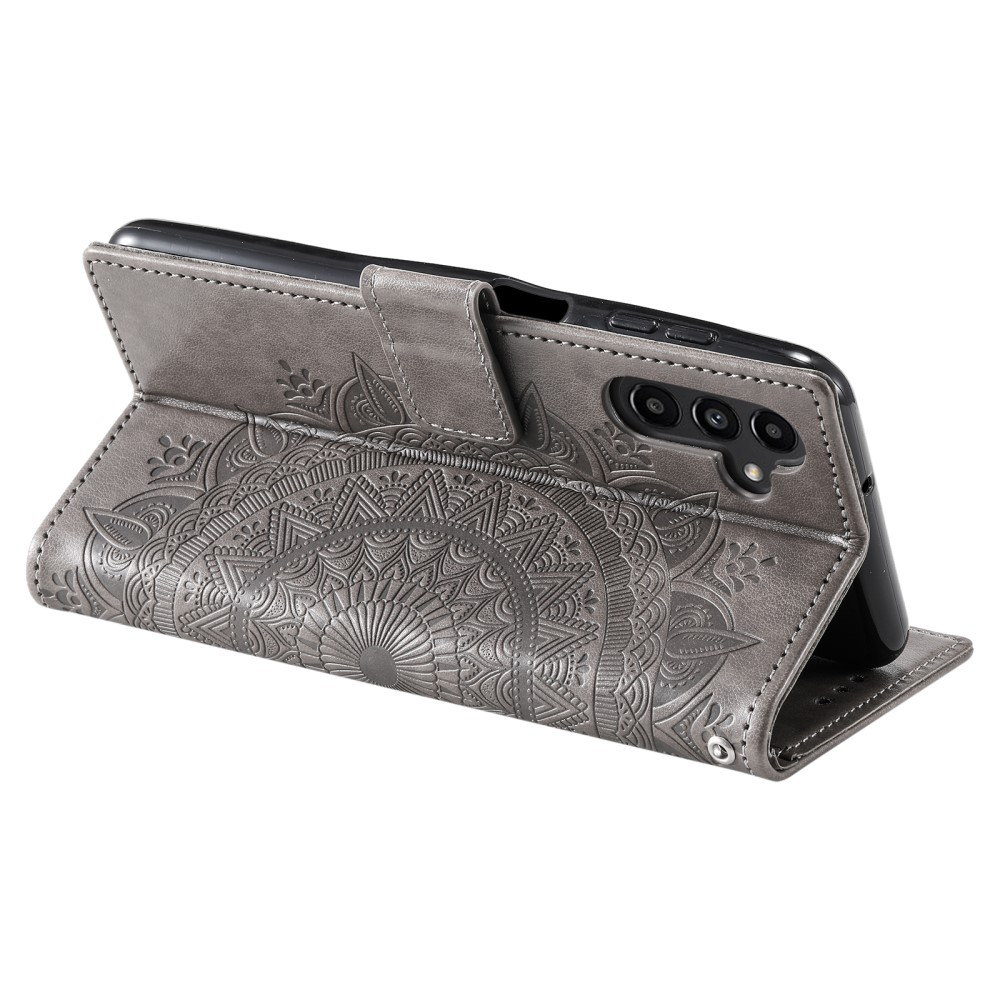 Samsung Galaxy S24  Plus Leder Tasche Wallet - Mandala Flowers Imprint - Grau
