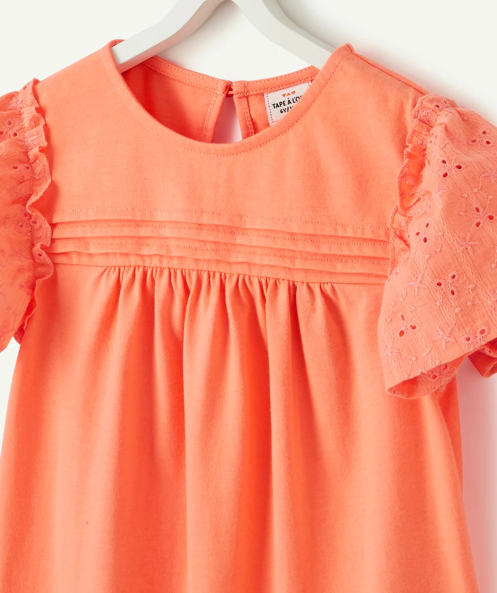 T-SHIRT FILLE EN COTON ROSE AVEC BRODERIE ANGLAISE