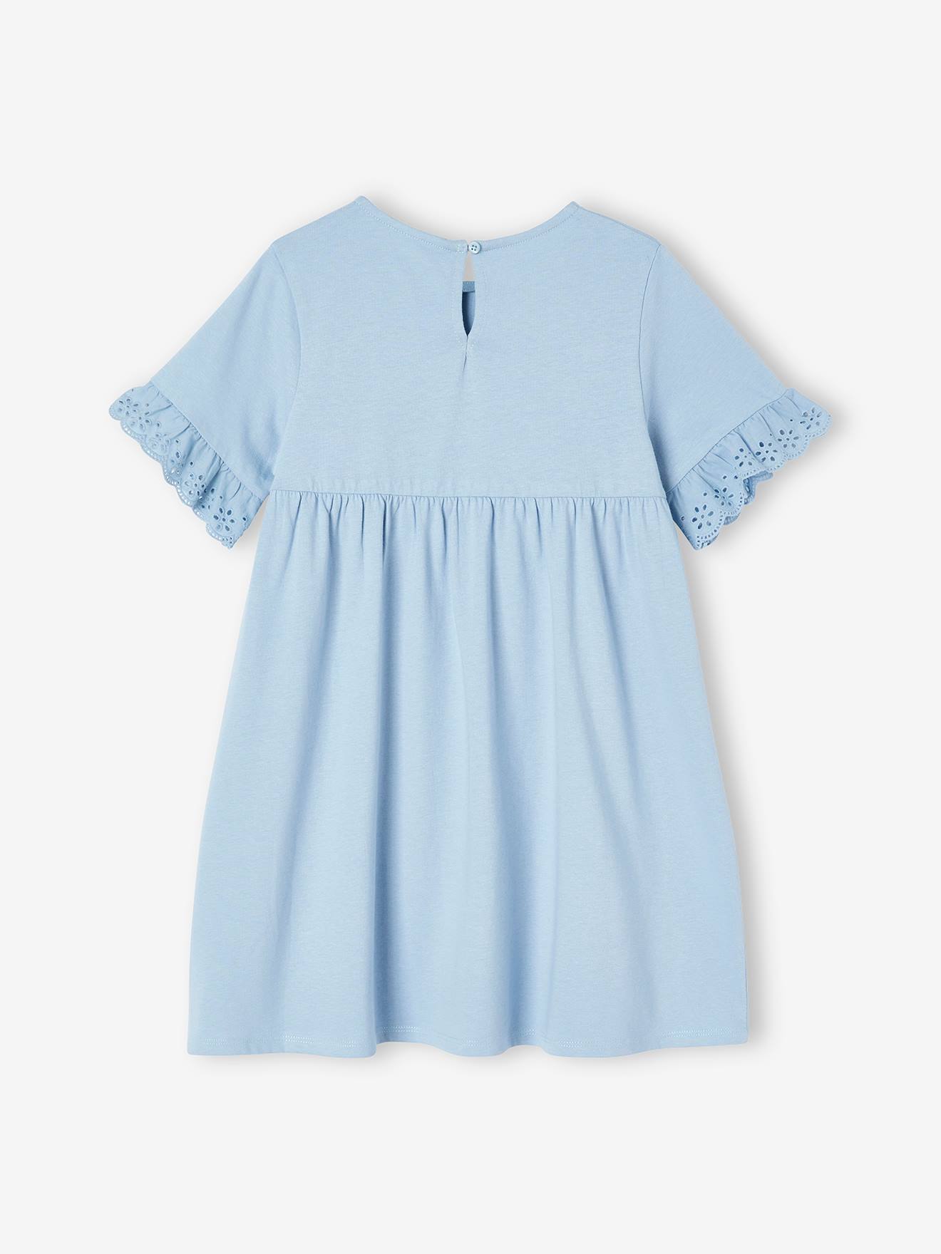 Vestido curto de manga curta com bordado inglês cor pêssego para meninas