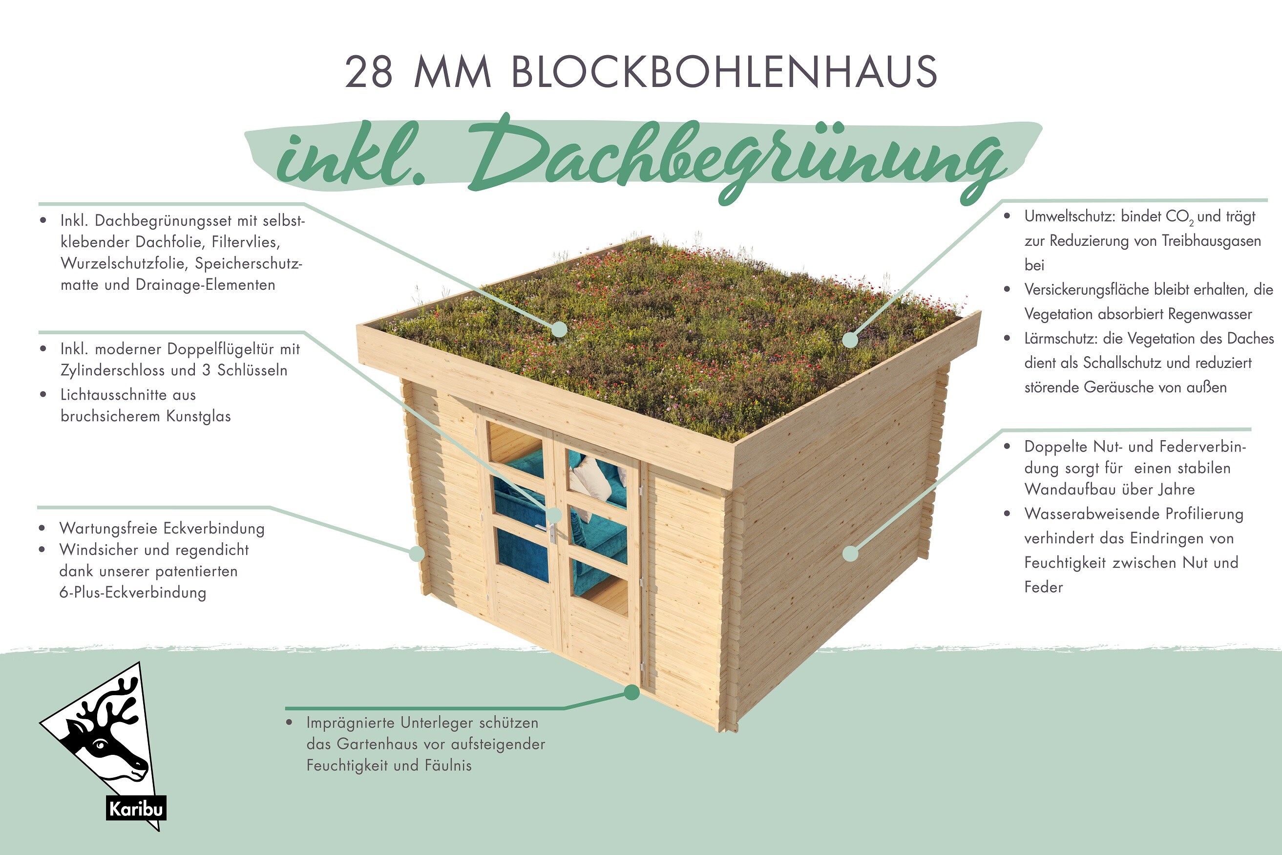 Karibu Blockbohlen Gartenhaus Rosé 3 naturbelassen Dachbegrünung Geräteschuppen Holzhaus