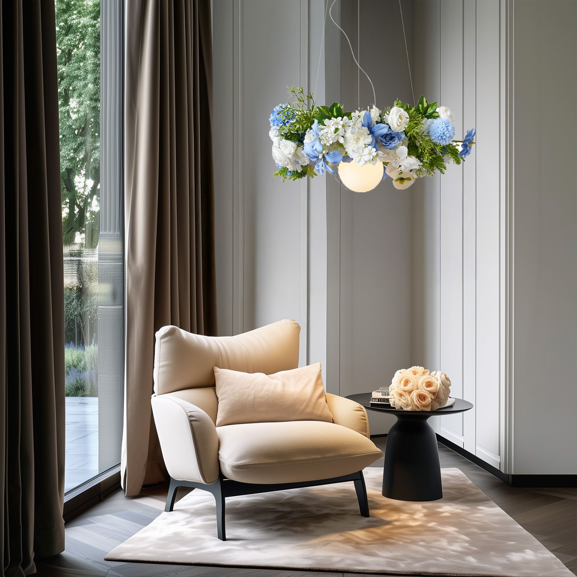 Bohemian hanglamp zwart met gekleurde bloemen blauw en wit - Flower Power