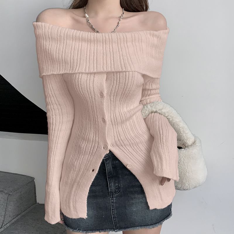 Sosana - Geribbelde trui met lange mouwen en off-shouldermotief