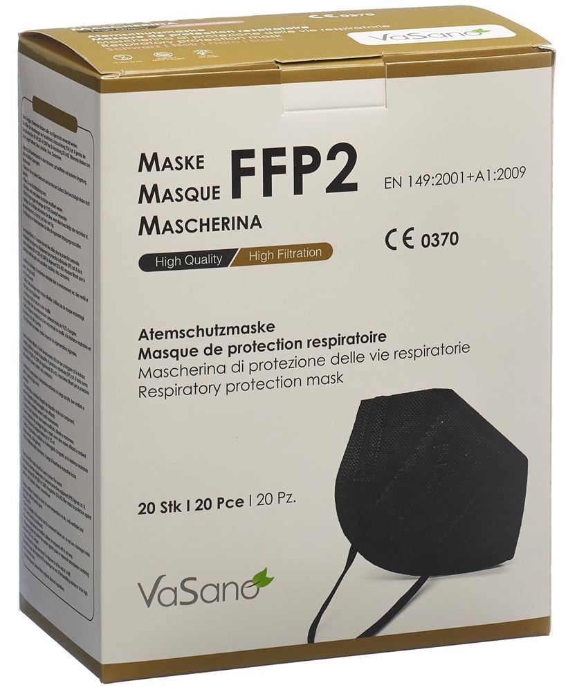 VASANO Maske FFP2 schwarz versiegelt deutsch französisch italienisch 20 Stk