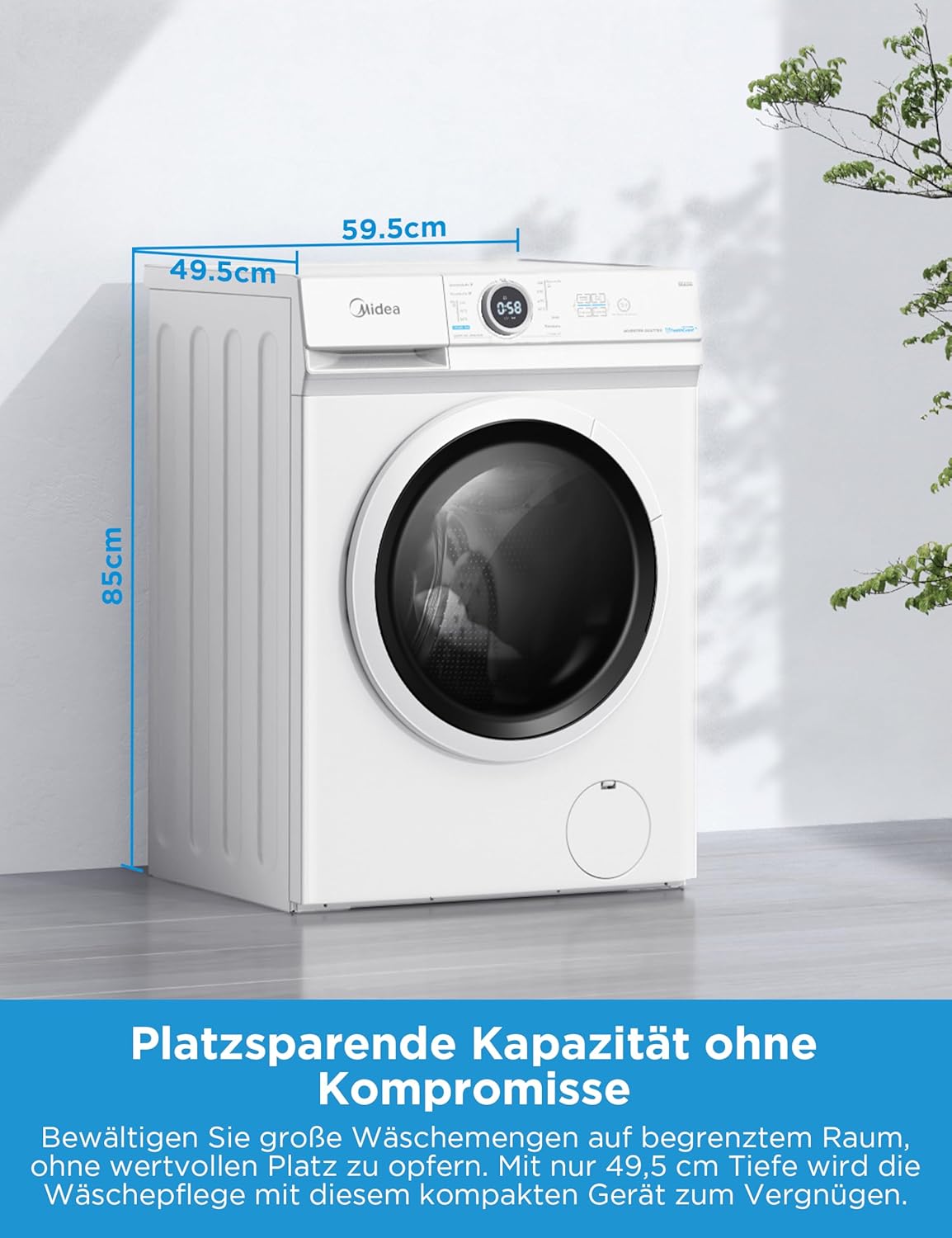 Midea MF10EW90B Waschmaschine / 9kg / 1400 U/Min/EEK A/Inverter Quattro Motor/Dampffunktion/Grosse Trommel/Nachlegefunktion/Kindersicherung/AquaStop, Weiß
