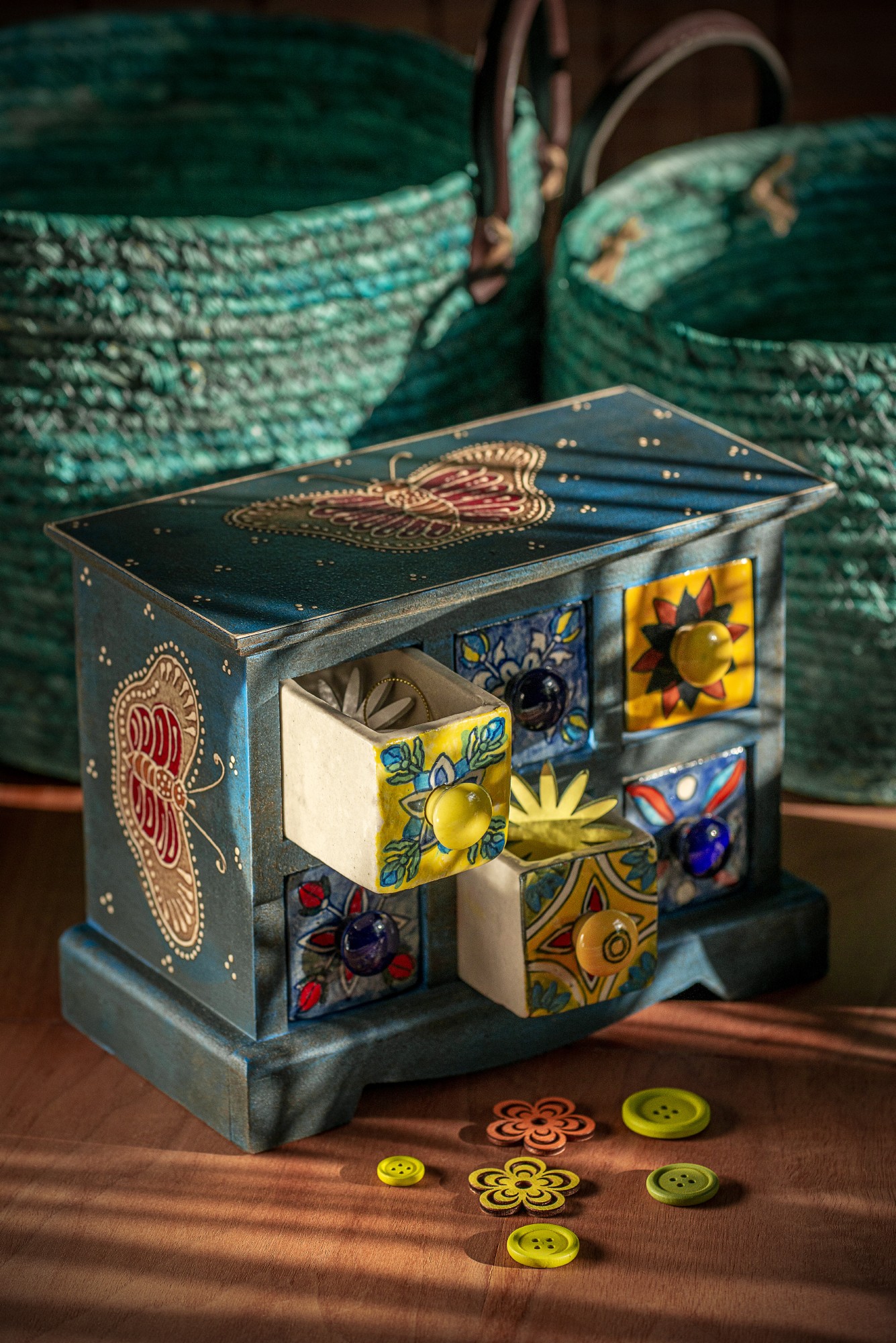 Schubladentruhe mit 6 Schubladen, blau, L 12 cm, B 23 cm, H 18 cm von fischer's lagerhaus