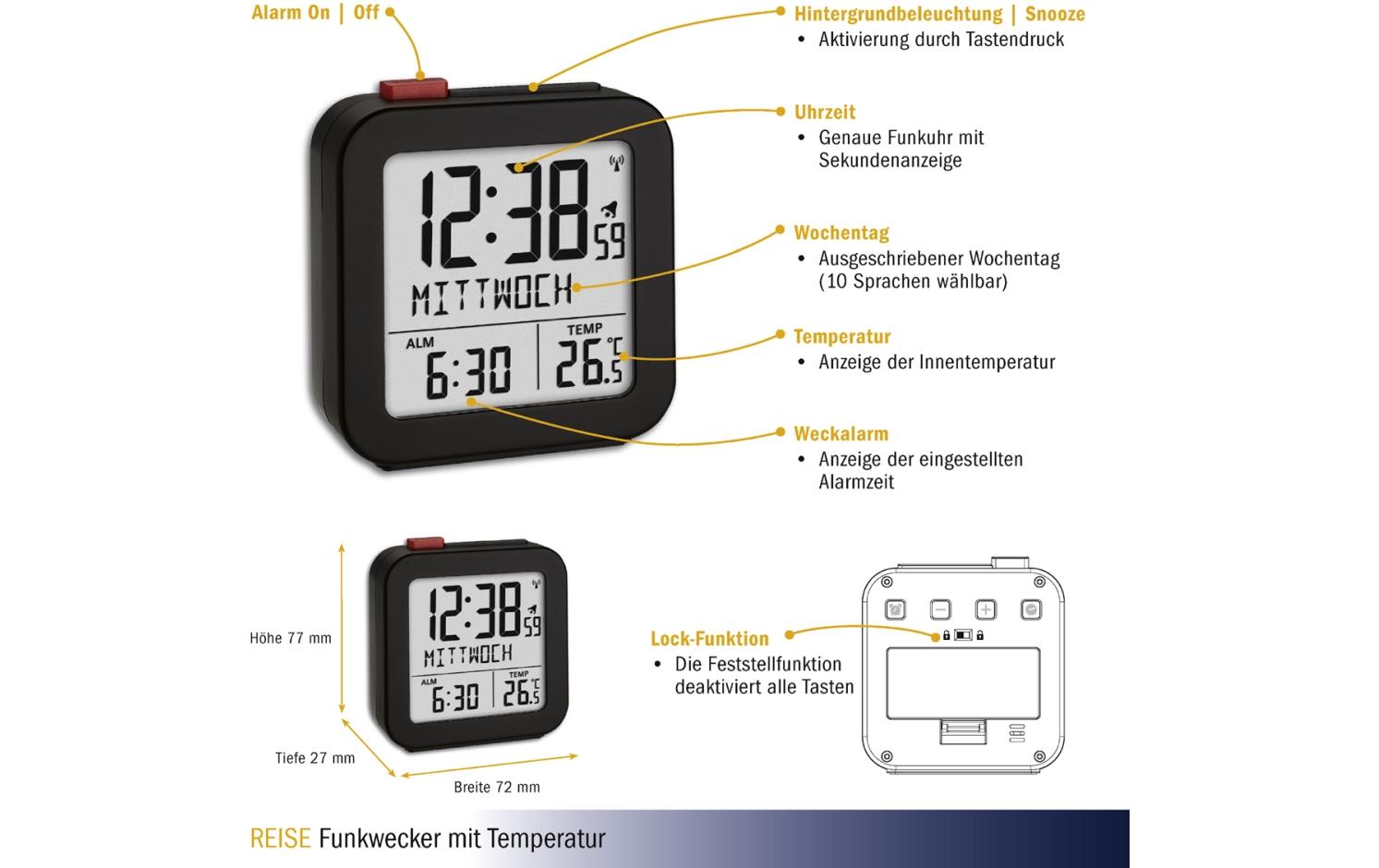 Funkwecker SchwarzDigitale Uhr mit Alarm mit Snooze-Funktion