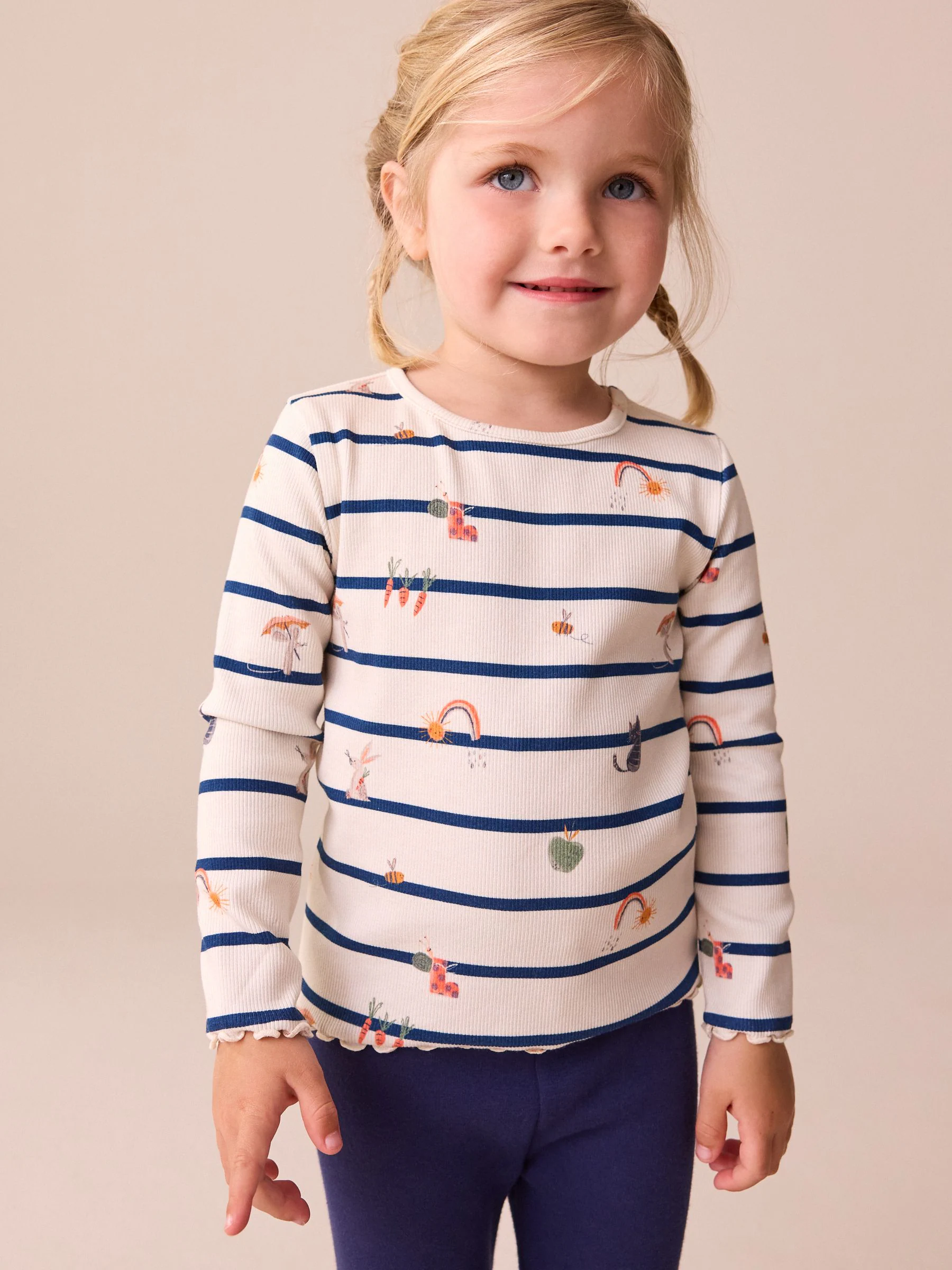 Ecru/Navy Stripe Character - Geribbeld T-shirt met lange mouwen (3mnd-7jr)