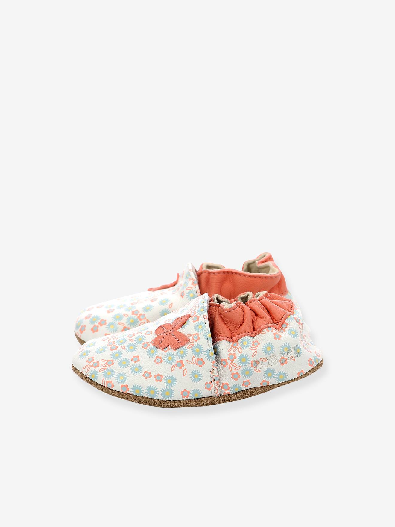 ROBEEZ© Pantufas de Bebê em Couro Flexível com Estampa de Margaridas Brancas para o Verão