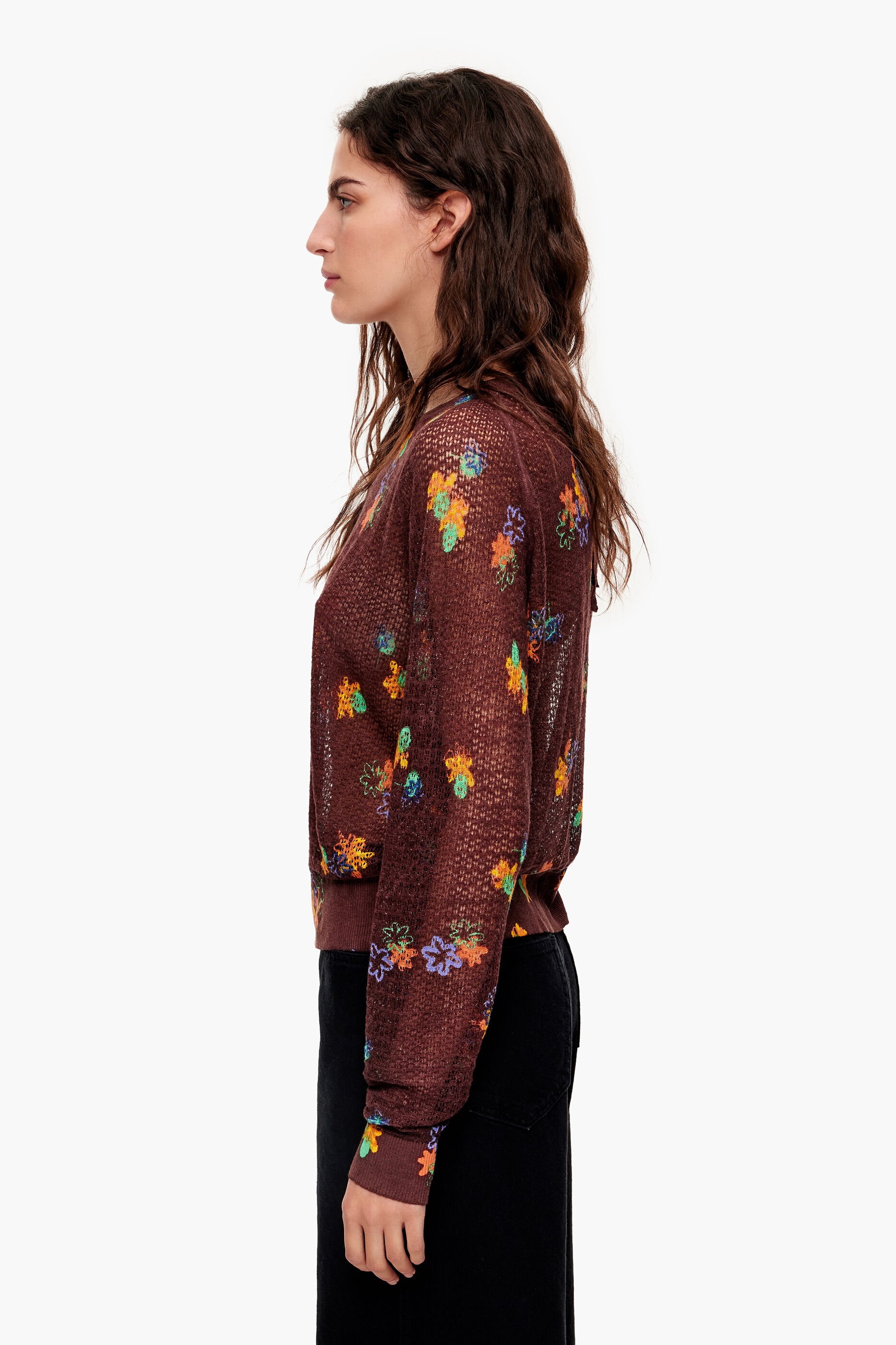 Suéter de linho com estampa floral marrom