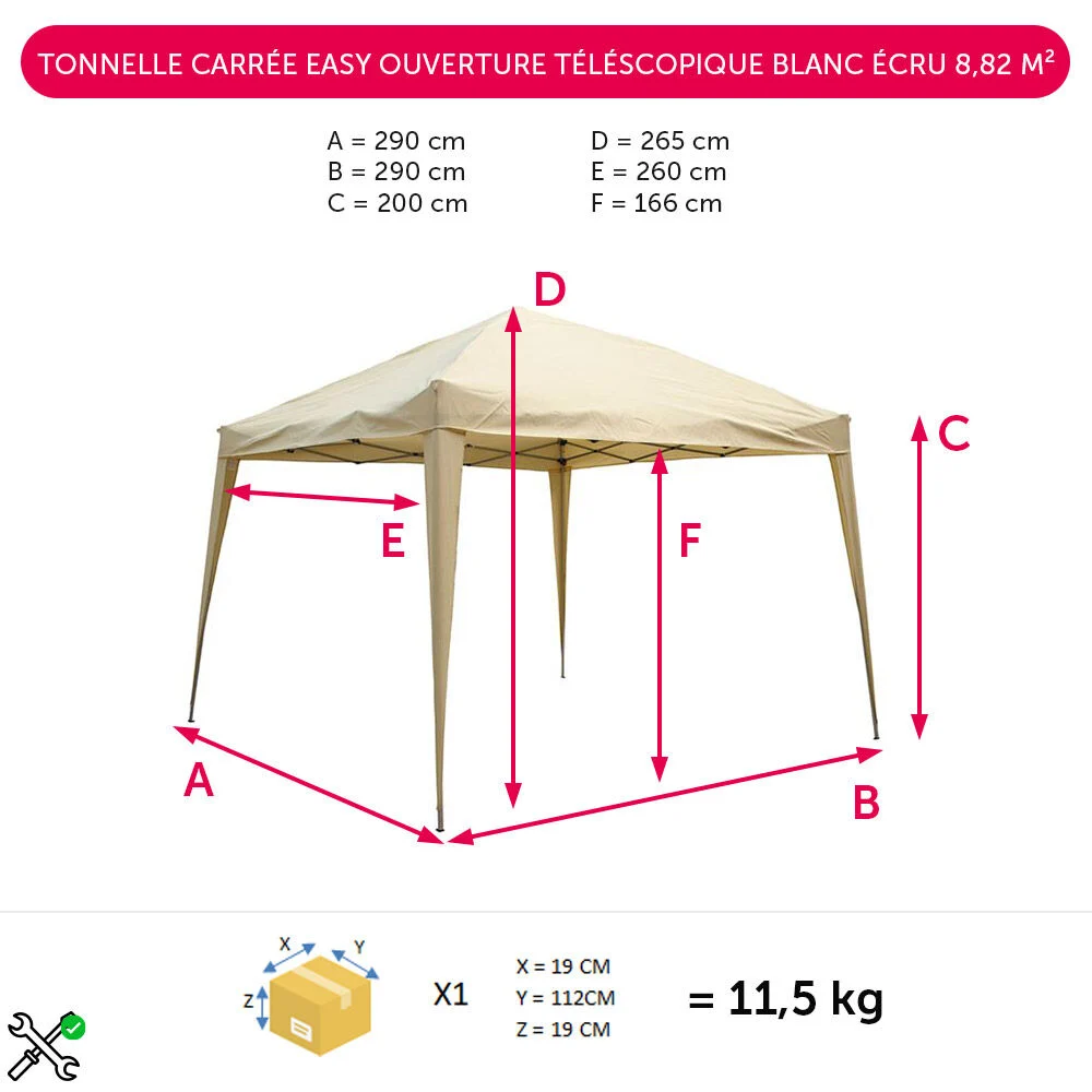 Tonnelle carrée Easy ouverture téléscopique blanc écru 8,8 m²