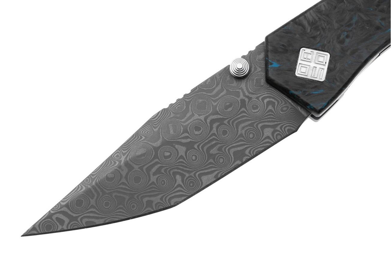 Ocaso Delos 12IBL Damascus Steel, Dark Matter Blue Fatcarbon, zakmes, Kurt Merriken design