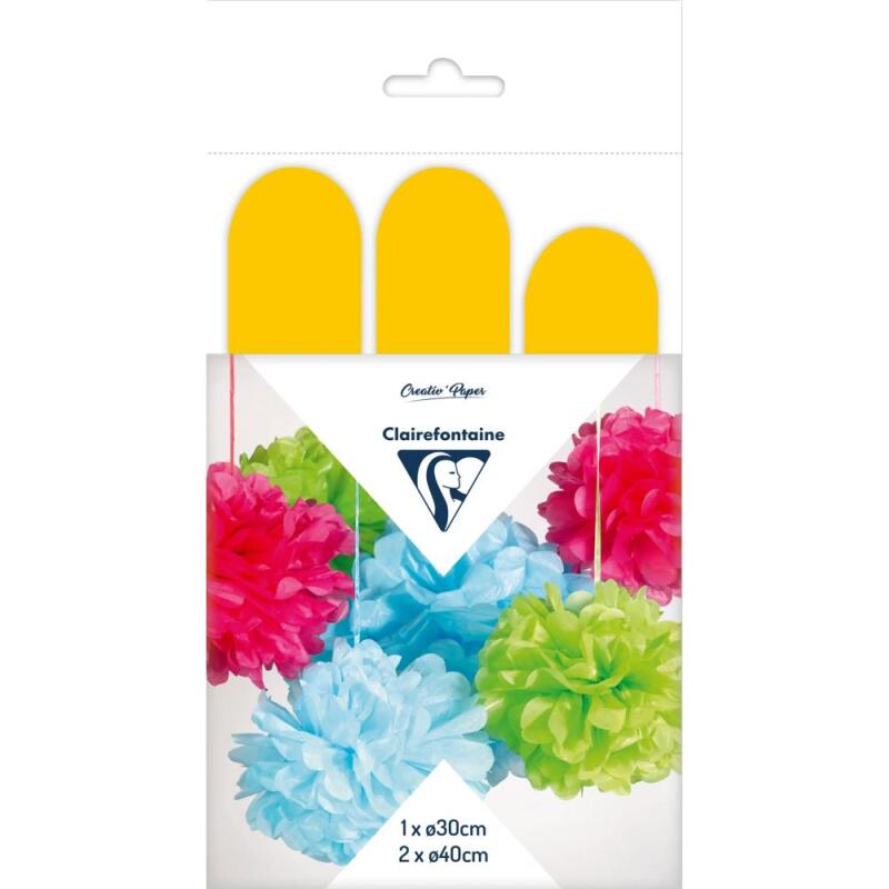 PAPIER DE SOIE, Set de 3 pompons à suspendre Ø30x1 et Ø40x2 - Jaune