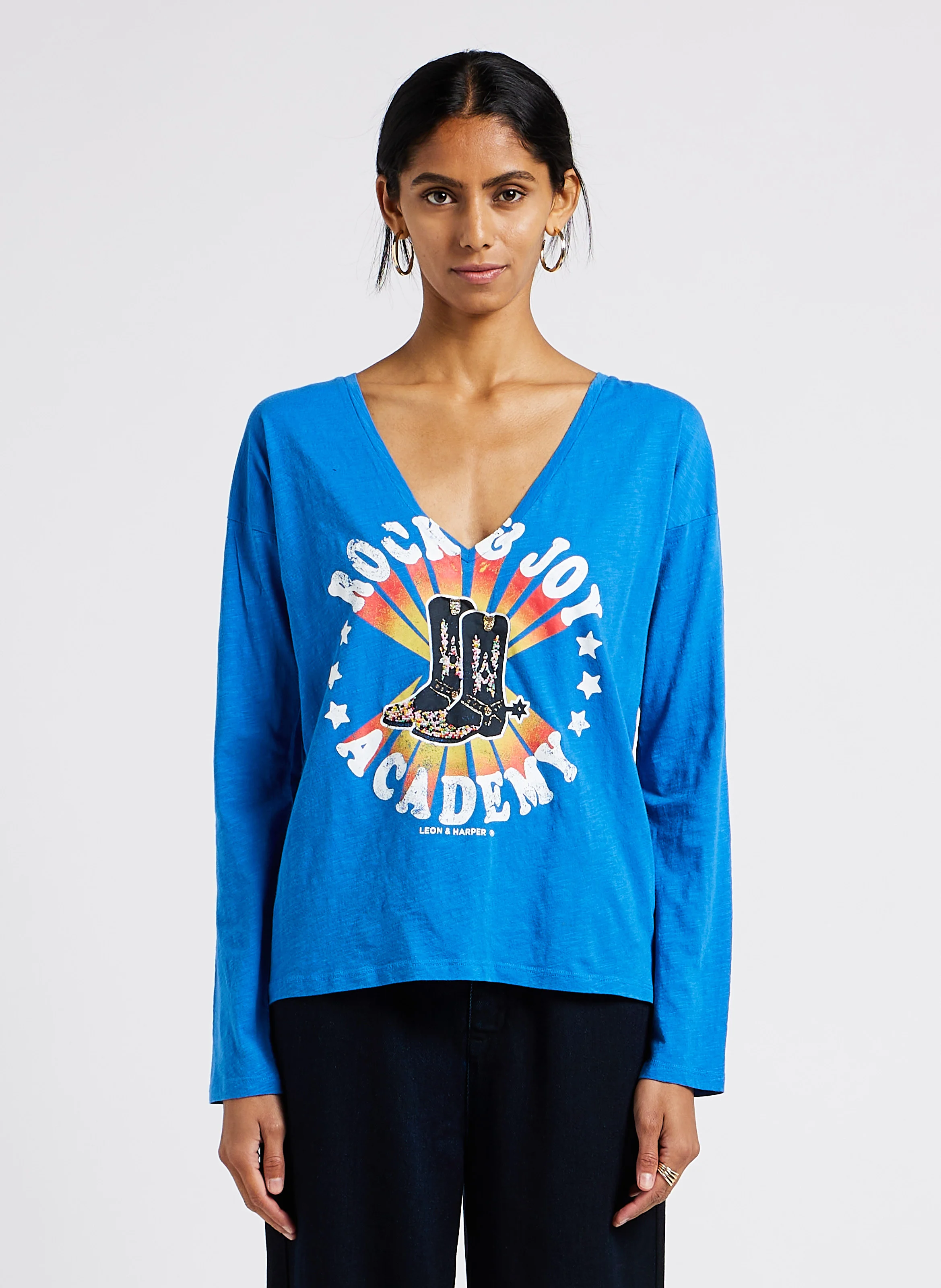 TOMY - Tee-shirt droit col V en coton organique | Bleu