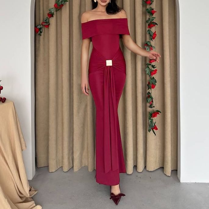 Alizio - Maxi-jurk met korte mouwen en off-shoulderprint en ruches