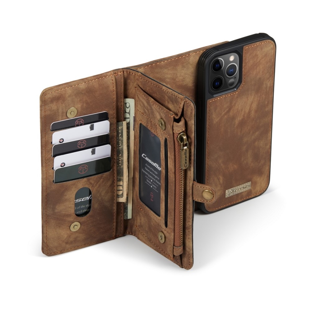 iPhone 12 / iPhone 12 Pro 2in1 Leder Tasche   Magnet Hardcase Karten Etui - Hellbraun