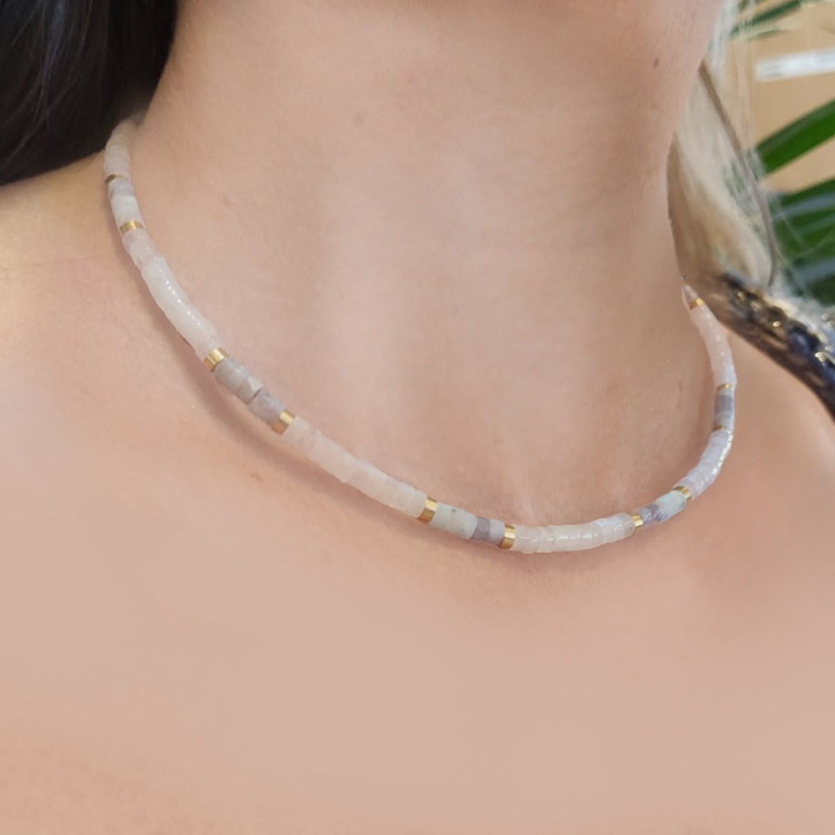 Collier Perles Heishi Pierres Naturelles Quartz Rose Améthyste-38 cm