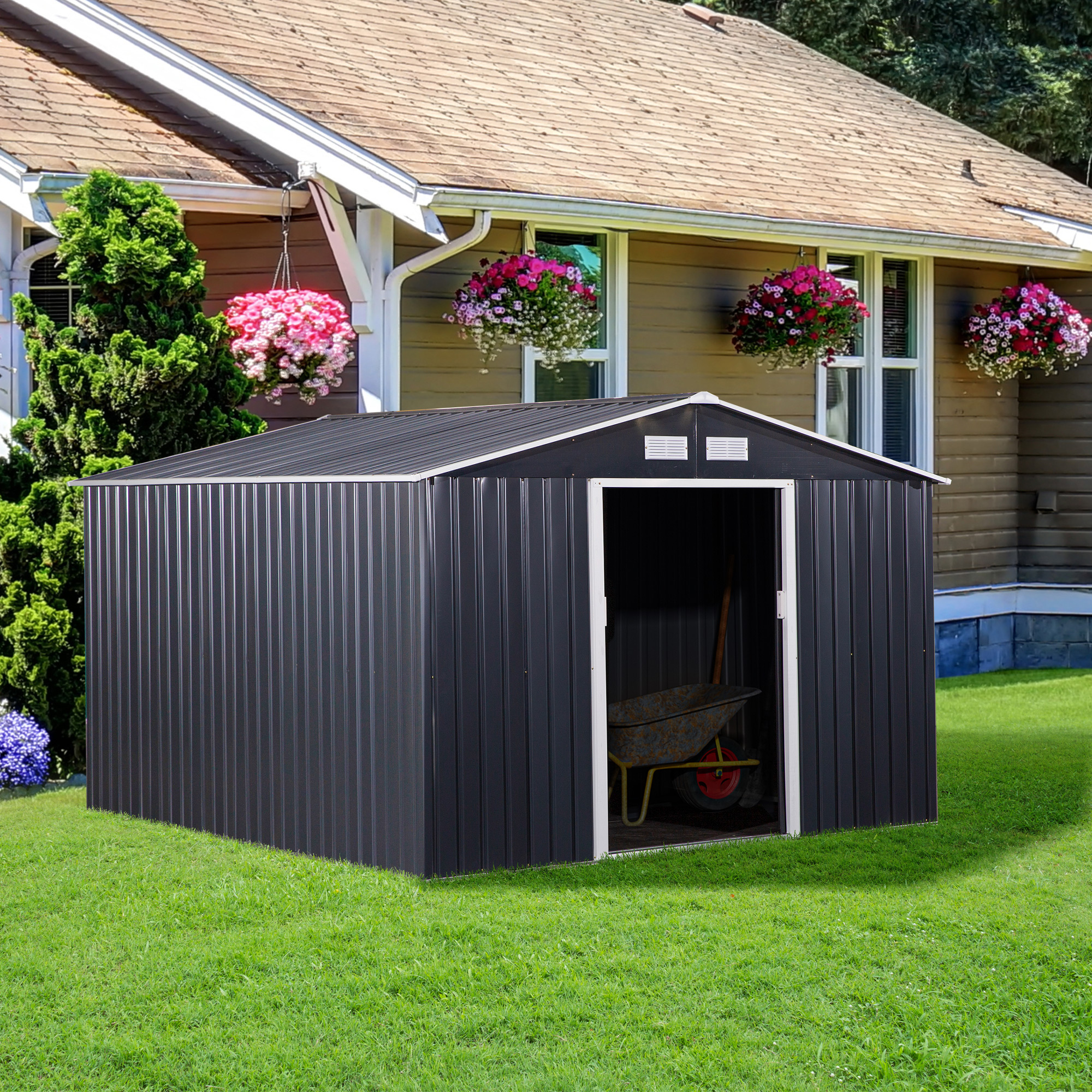 Casinha de jardim externa Outsunny, 8,3 m² (277 x 322 x 192 cm) com 2 portas de correr e base reforçada (piso NÃO incluído) para pátio ou terraço, cinza.