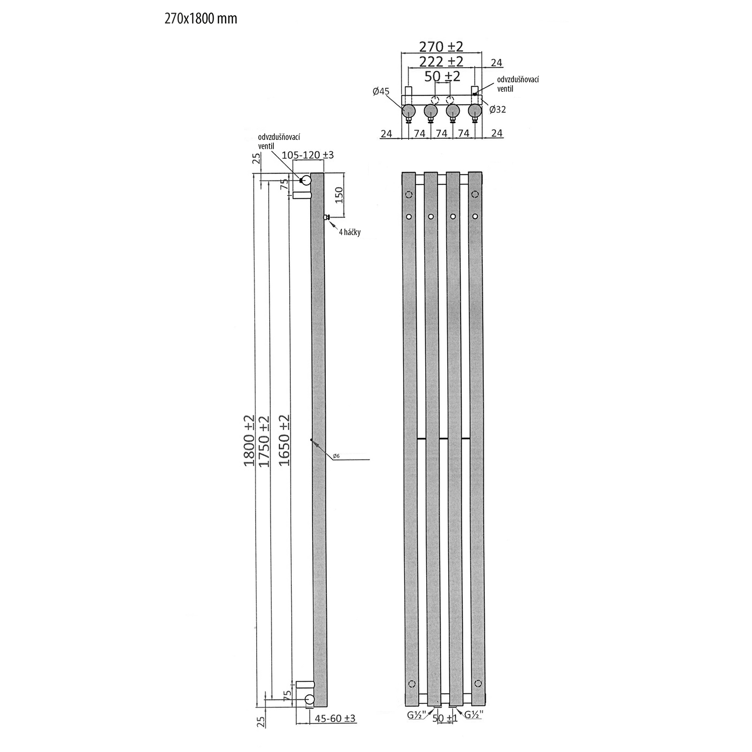 Sapho Pilon radiator 27x180cm mat zwart