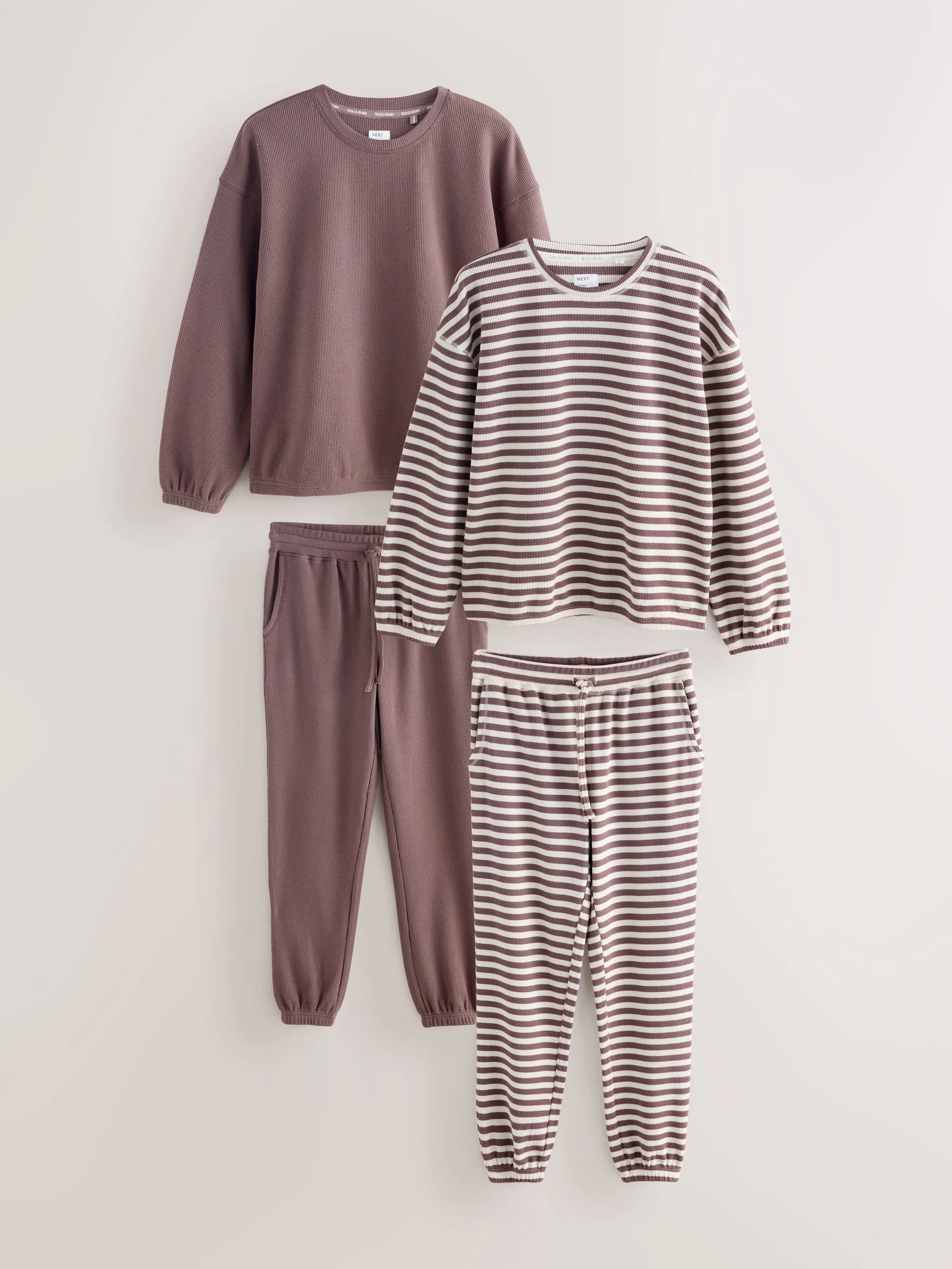 Mokkabruin gestreept - Cosy Waffle Long Sleve Pyjamas 2 Pack