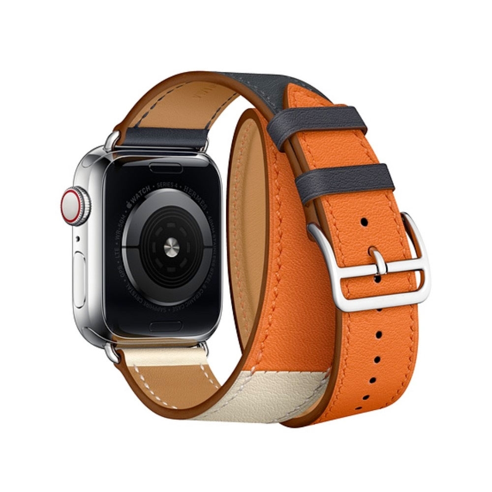 Apple Watch (42/41/40/38 mm) Modisches Ersatz Echtleder Doppelband Armband (One Size) - Orange / Blau / Weiss
