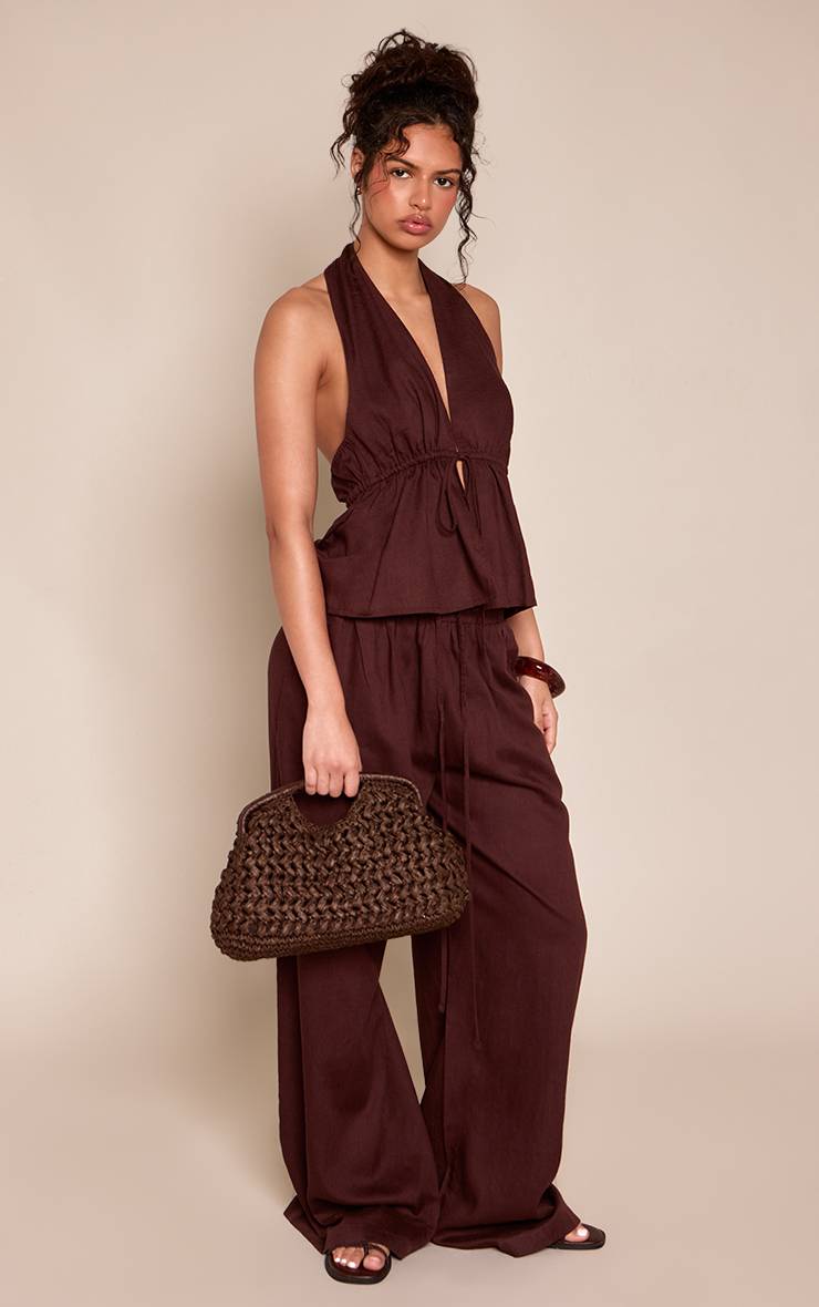 Marron Foncé Haut Long Chiné À Taille Nouée Avec Cordon Co-ord