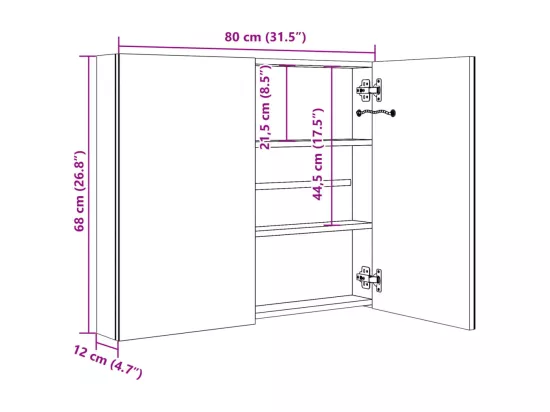 Armoire de salle de bain à miroir LED noir brillant 80x12x68 cm
