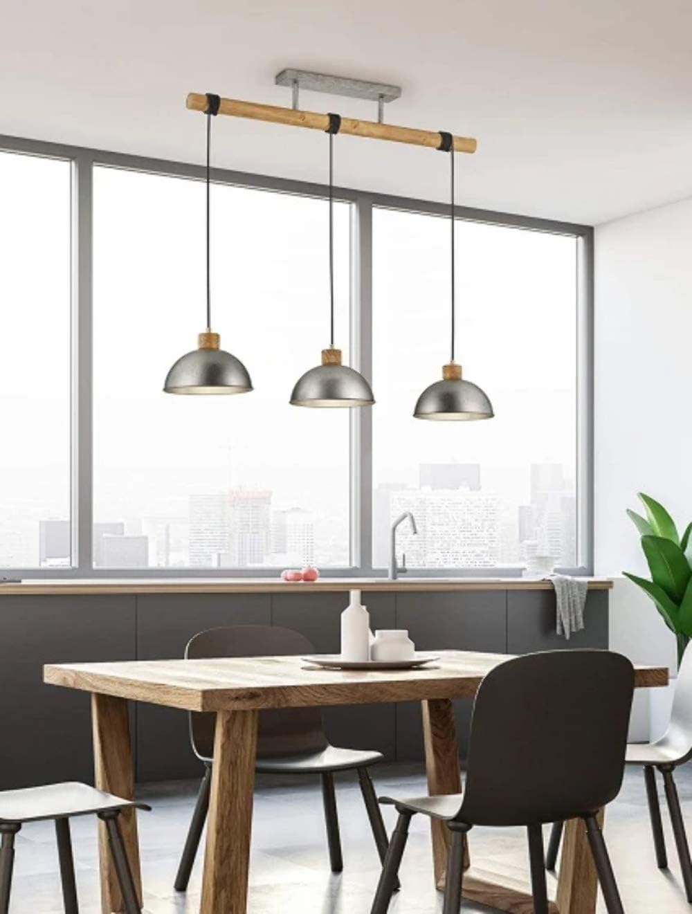 Trio Leuchten Pendelleuchte Delhi 303400367, Metall Nickel matt antik, Balken Holz, exkl. 3x E27
