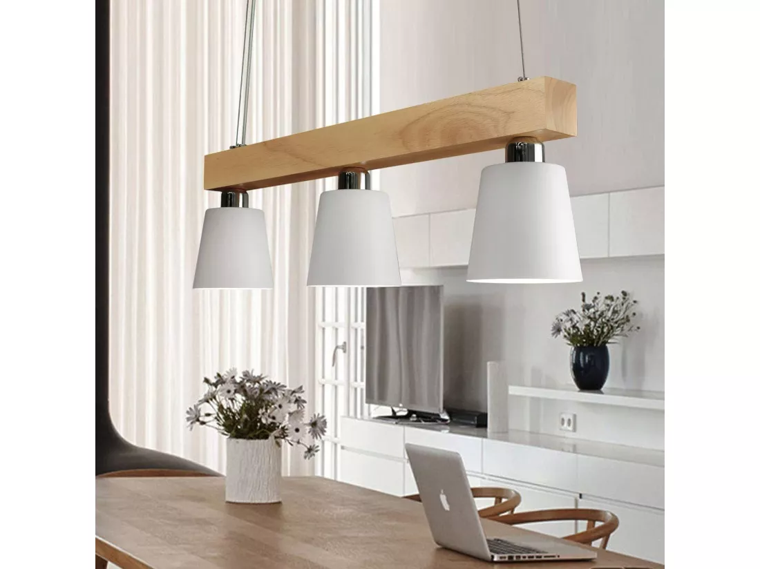 NETTLIFE Suspension Bois 3 Flammes Blanc Chaud Vintage Réglable en Hauteur Blanc E27 MAX.25W