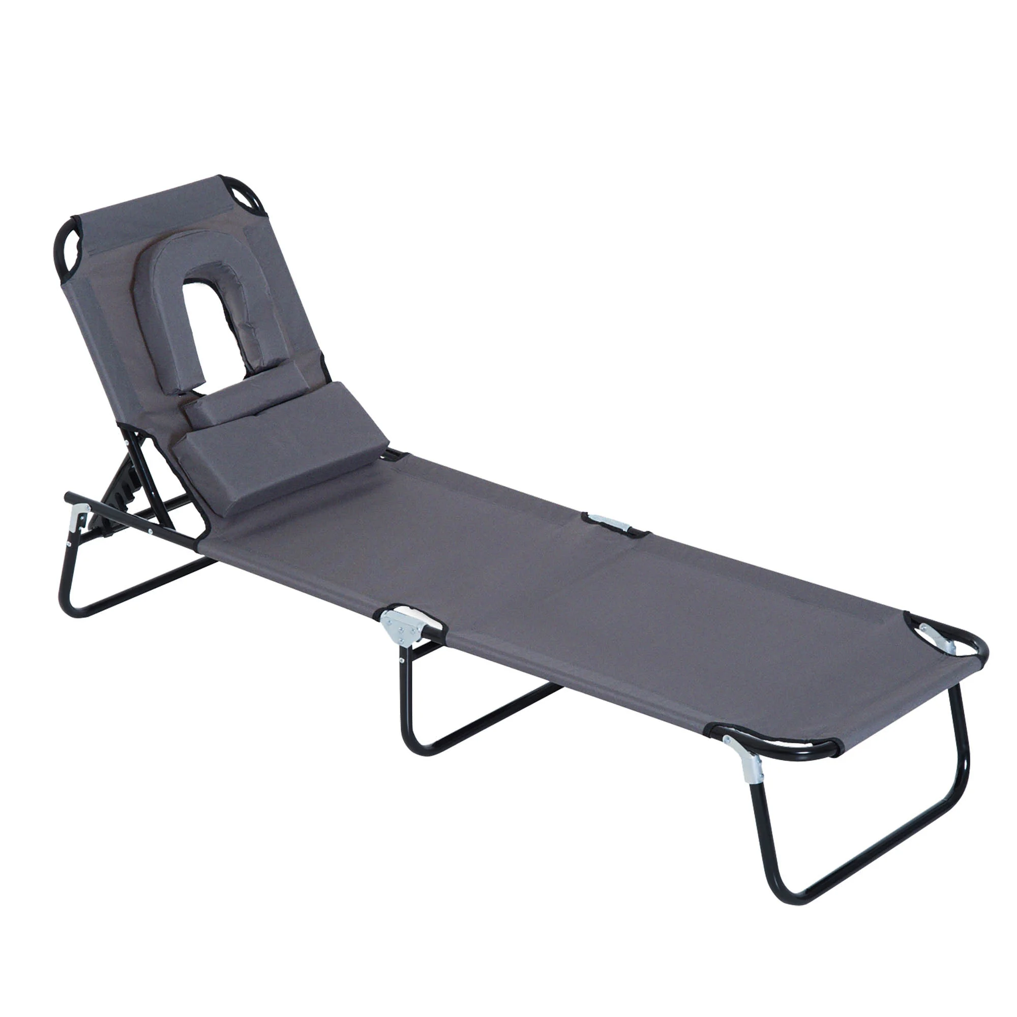 Espreguiçadeira dobrável Outsunny com encosto ajustável em 4 posições, espreguiçadeira de jardim com almofada, estrutura de aço e tecido Oxford para camping, praia e terraço, capacidade de carga de 120 kg, 190 x 56 x 28 cm, cinza
