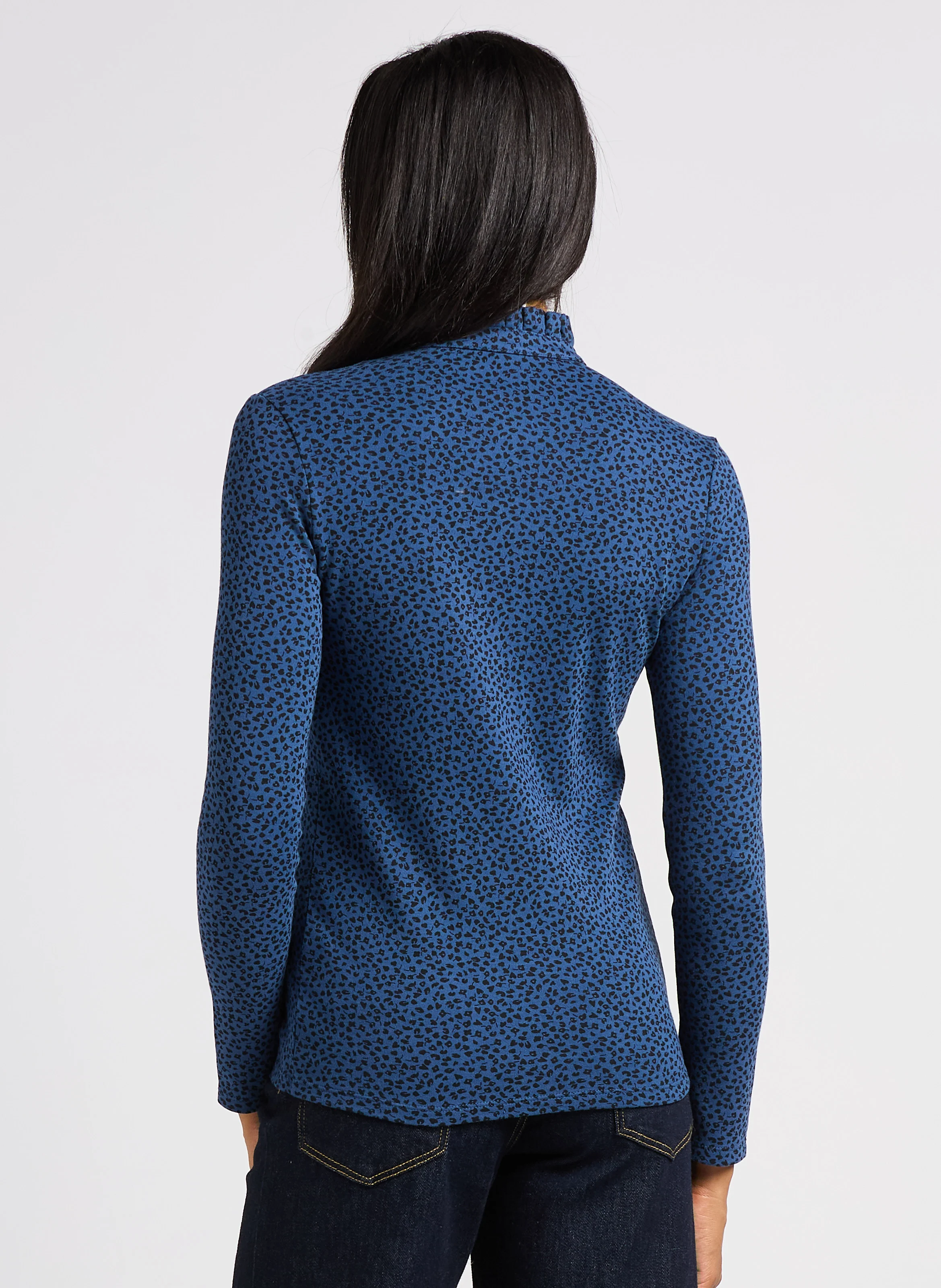 Tee-shirt col victorien imprimé en coton| Bleu