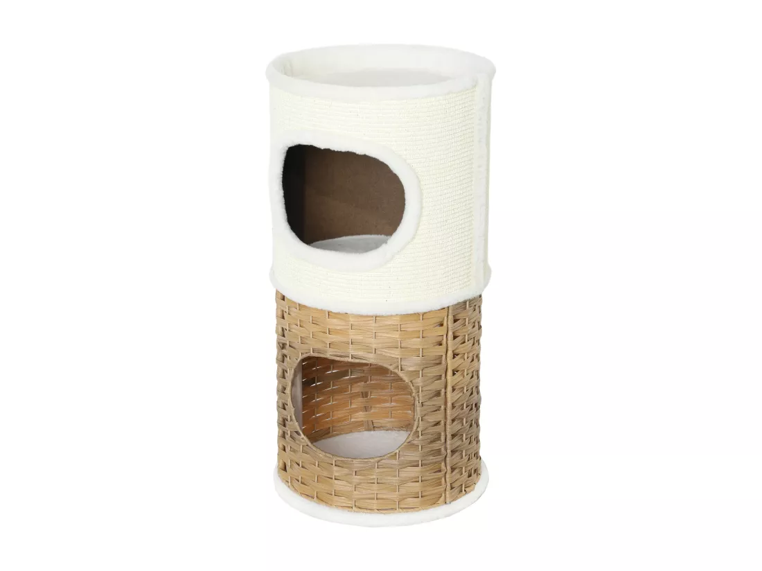Tour à griffer pour chat 3 niveaux - 2 niches, panier observation- H.75,5 cm - résine tressée sisal