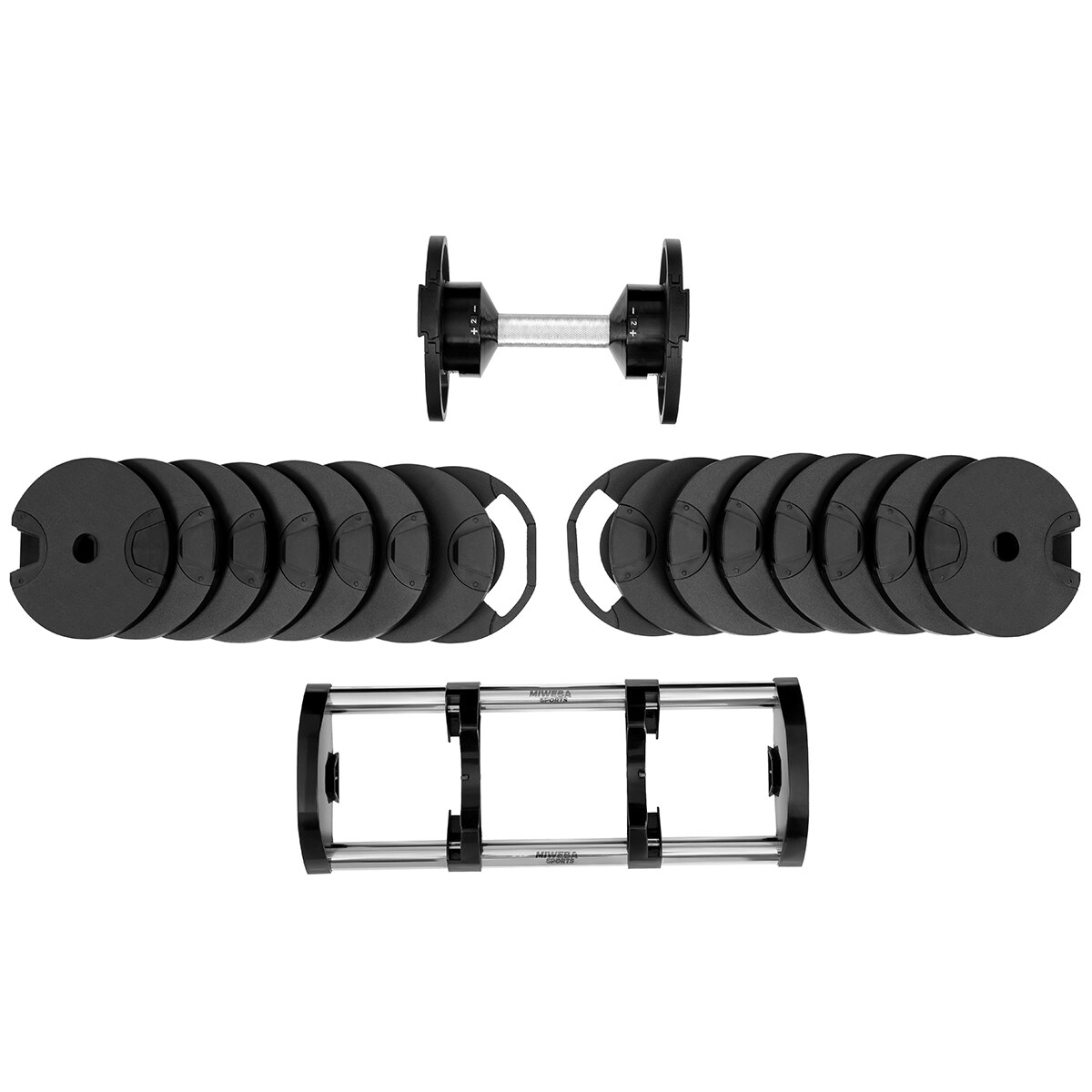 Miweba Sports verstellbare Kurzhantel VH200, Stahl, 2-28 kg, Hantelstange mit Profil, Halte-Gestell (28 kg)