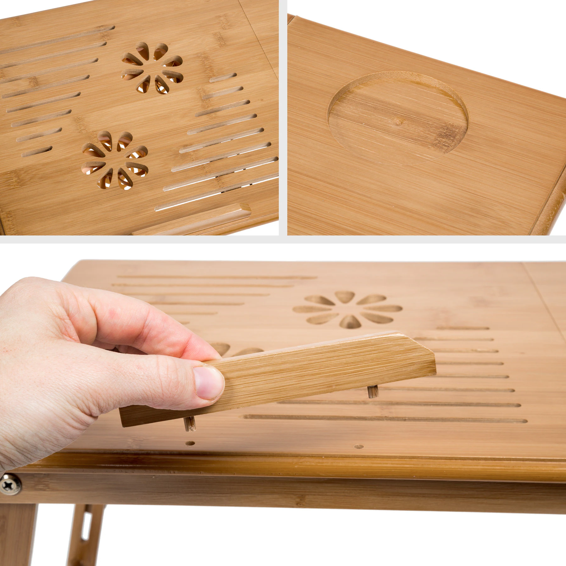 tectake® Laptoptisch, aus Bambus, klappbar und höhenverstellbar, mit USB-Doppellüfter, 55 x 35 x 26 cm