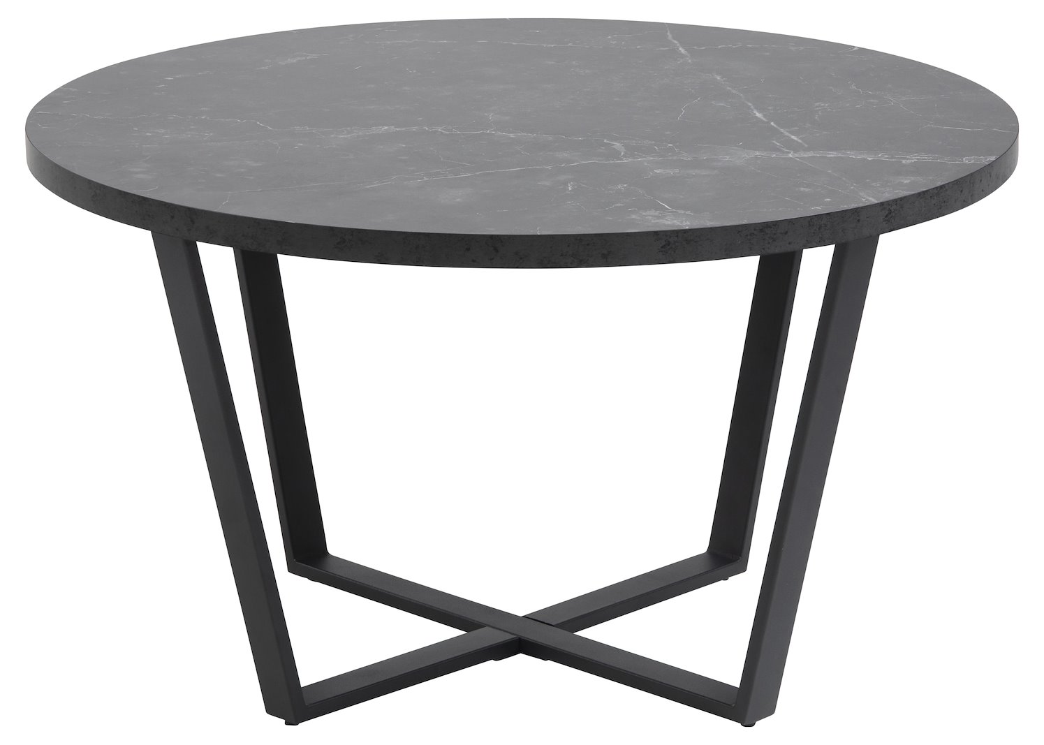 Amble Sofabord Ø77cm. Sort marmorprint melaminplate med matt sortlakkert stålunderstell.