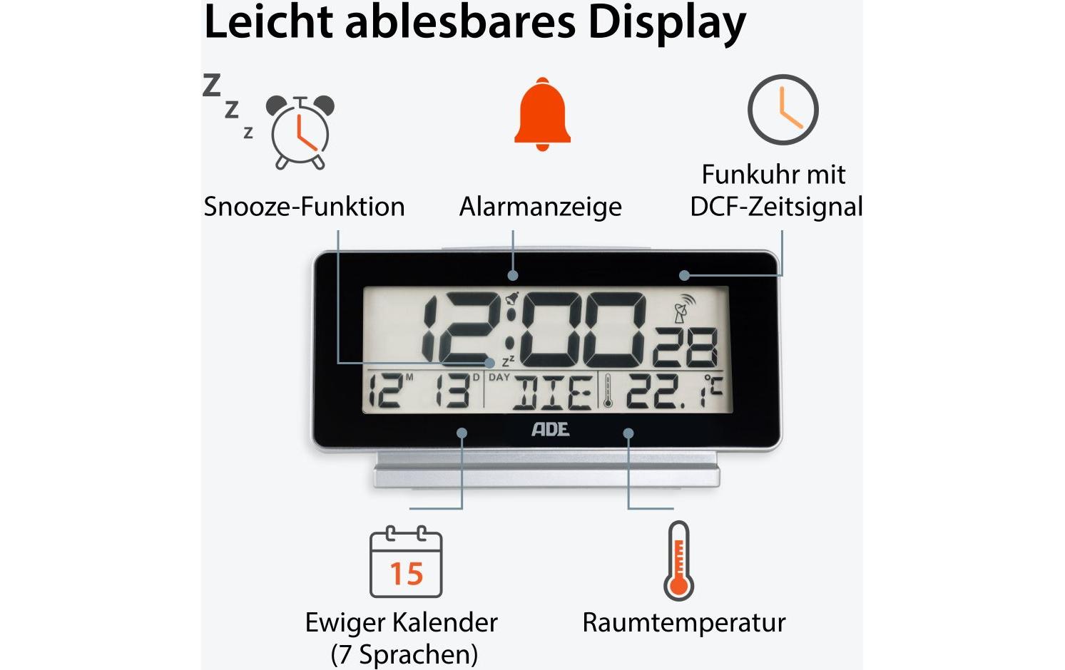 Digitalwecker Temperatur-& DatumsanzeigeFunkwecker mit Kalender und Schlummerfunktion