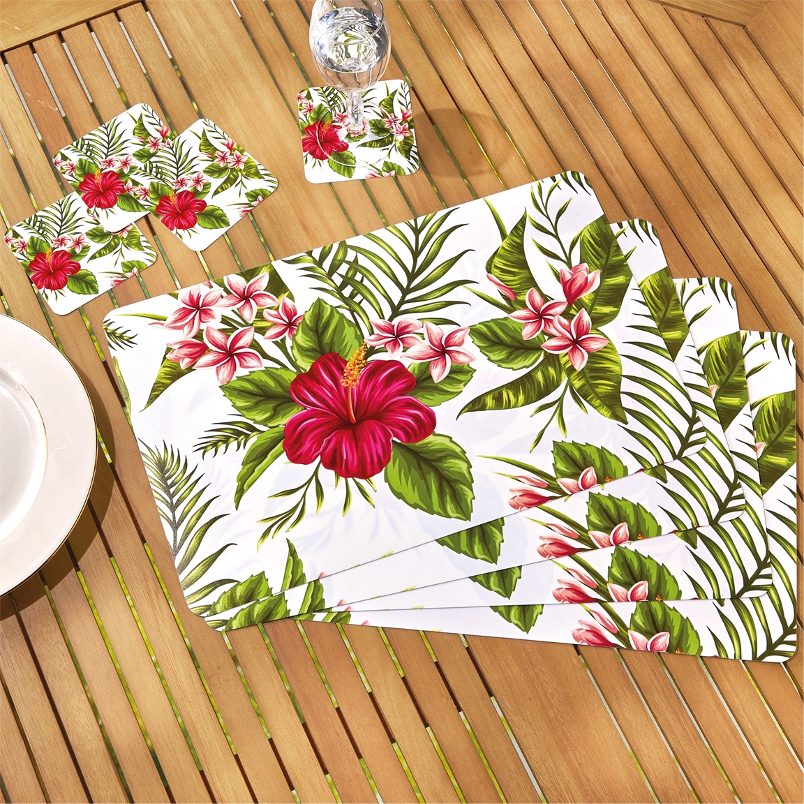 4 sets de table + 4 dessous de verre hibiscus