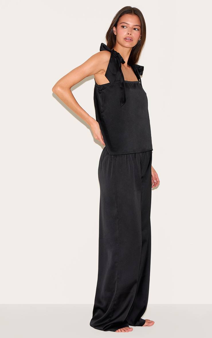 Noir Ensemble Pyjama Long Caraco En Satin Avec Nœud Ruban