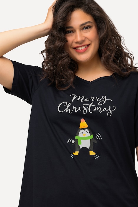 Weihnachts-Shirt, Pinguin, A-Linie, V-Ausschnitt, Halbarm