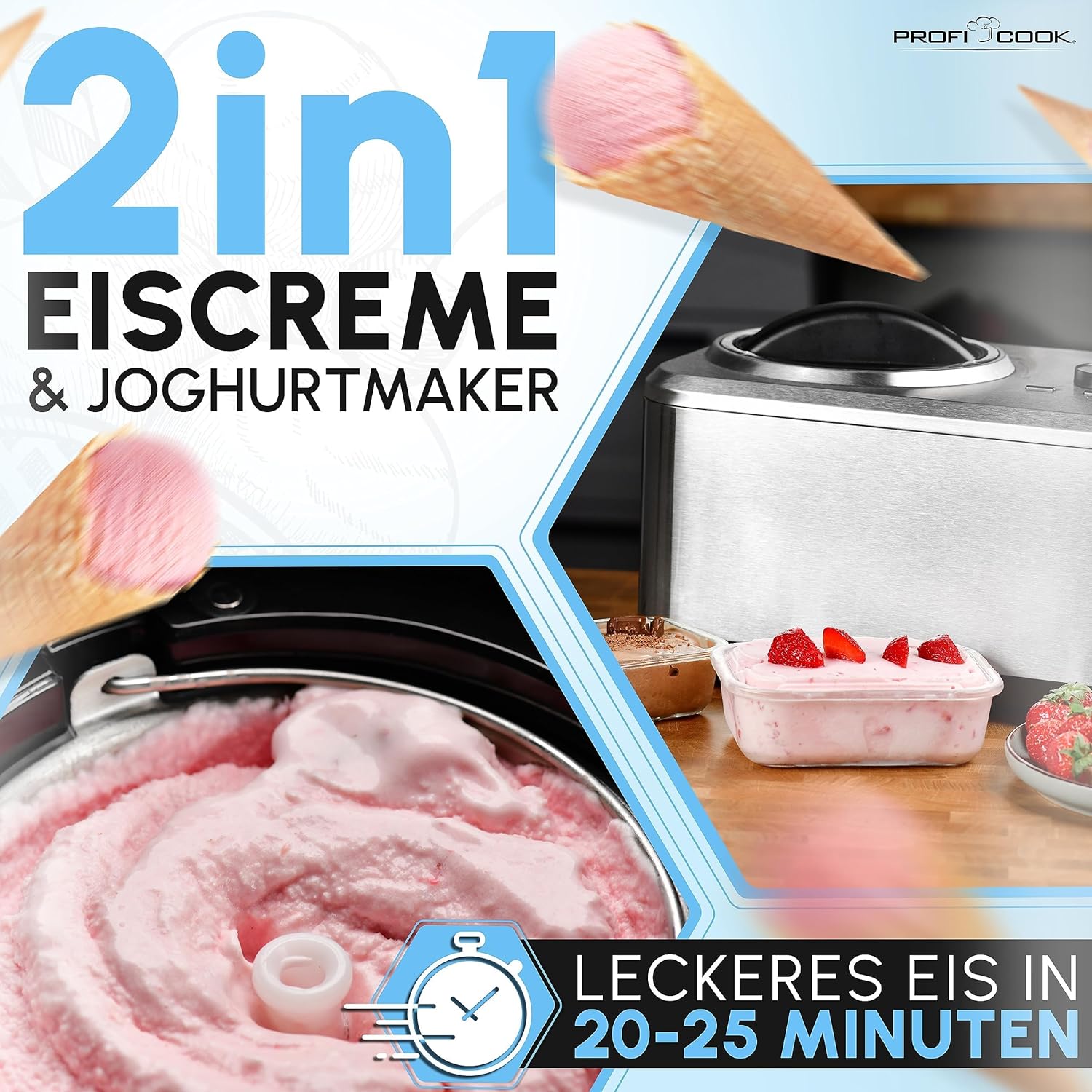 ProfiCook Eismaschine und Joghurtbereiter | Eis in 20 min. | für bis zu 1500ml | Eismaschine mit Kompressor | für Eis & Frozen Joghurt | Inkl. Rezeptvorschläge, Spachtel und Messbecher | PC ICM 1268