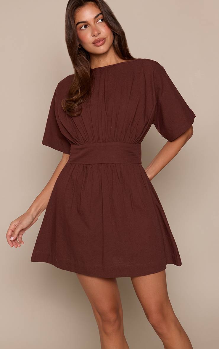 Marron Robe Droite Col Bateau Aspect Lin Chocolat