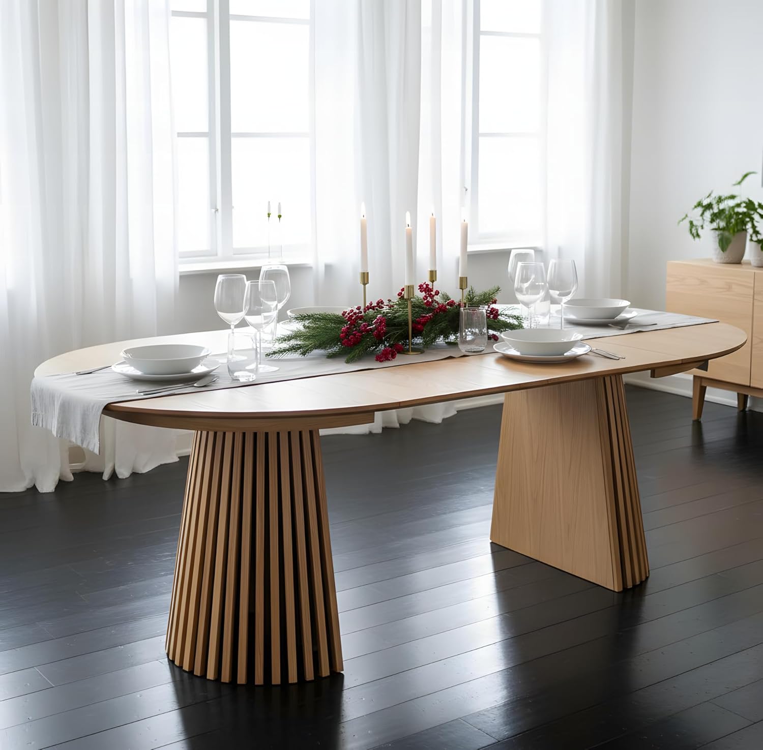 ebuy24 Esstisch Tokyo inkl. 2 Zusatzplatten Ø120x120-160-200cm Eiche Furnier, runder oder ovaler Esstisch für 4-8 Personen (Eiche Natur)