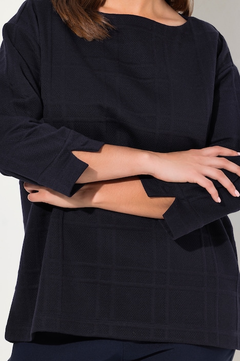 Sweatshirt, Strukturkaro, U-Boot-Ausschnitt, 3/4-Arm