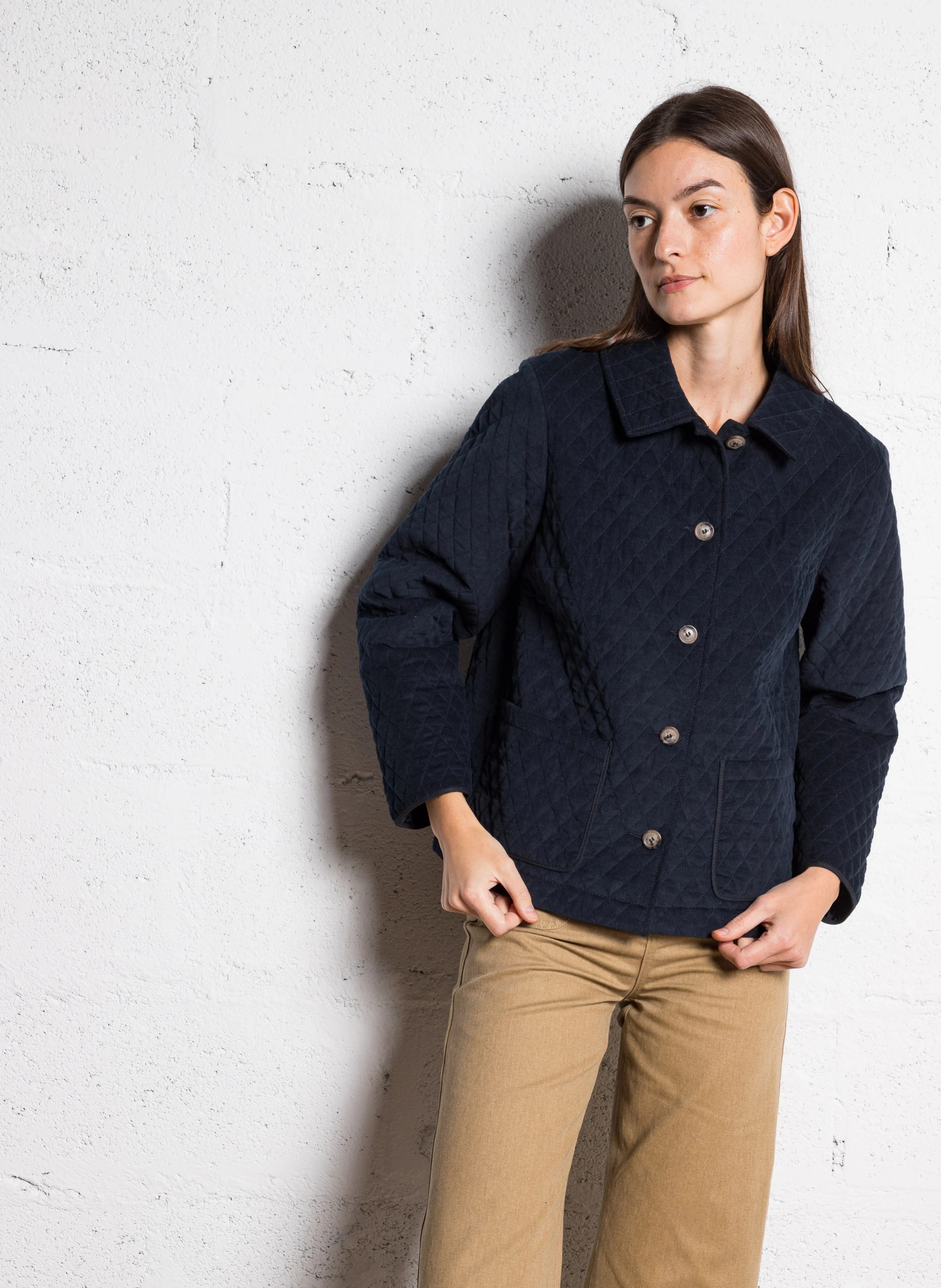 Veste droite col classique en coton mélangé | Bleu
