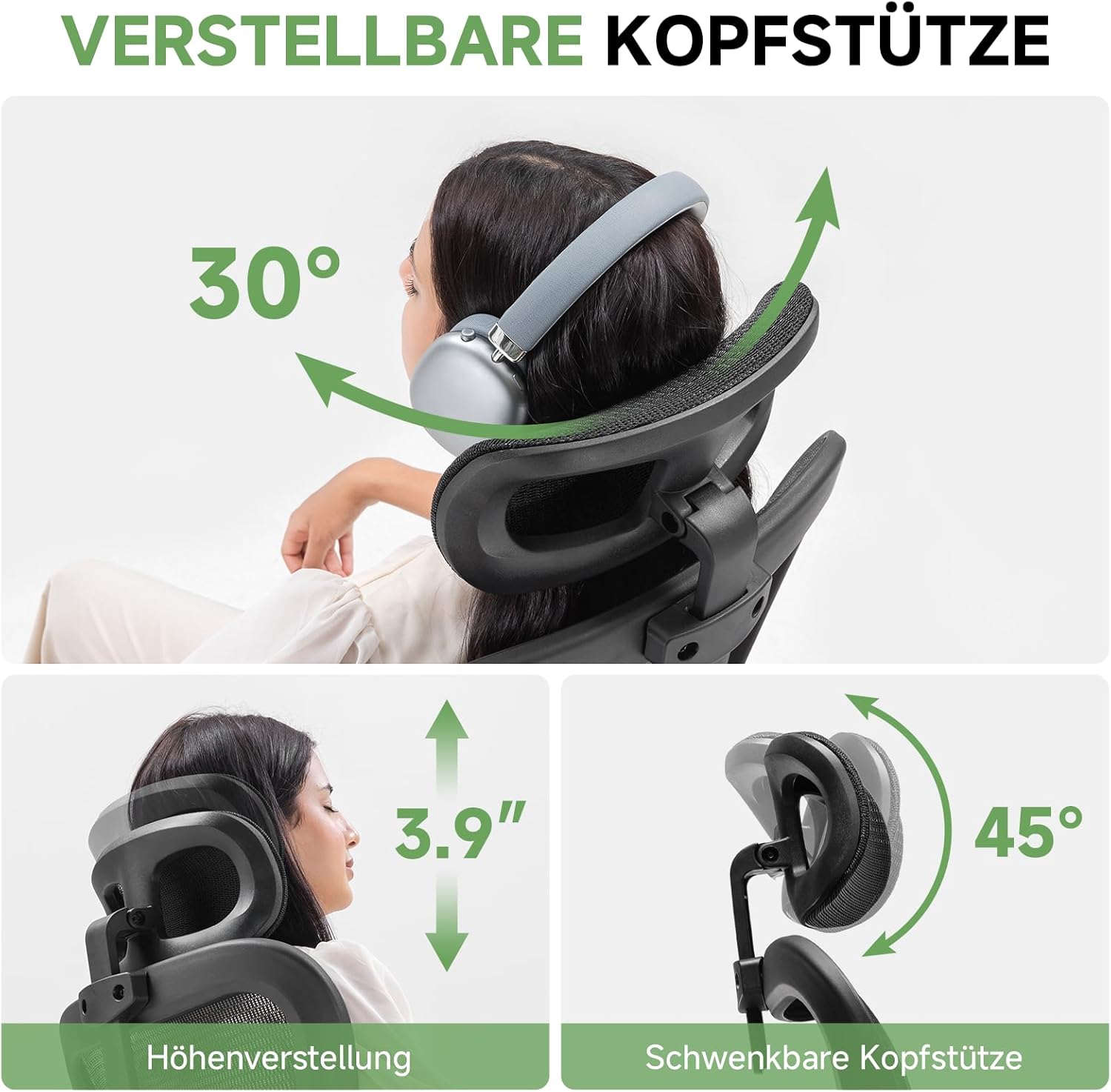 GTPLAYER Bürostuhl Ergonomisch, Schreibtischstuhl mit Verstellbarer Kopfstütze, Armlehnen, Lendenwirbelstütze, Büro Stuhl & Gaming Stuhl Wippfunktion, Chefsessel aus Mesh, 150kg(Schwarz)