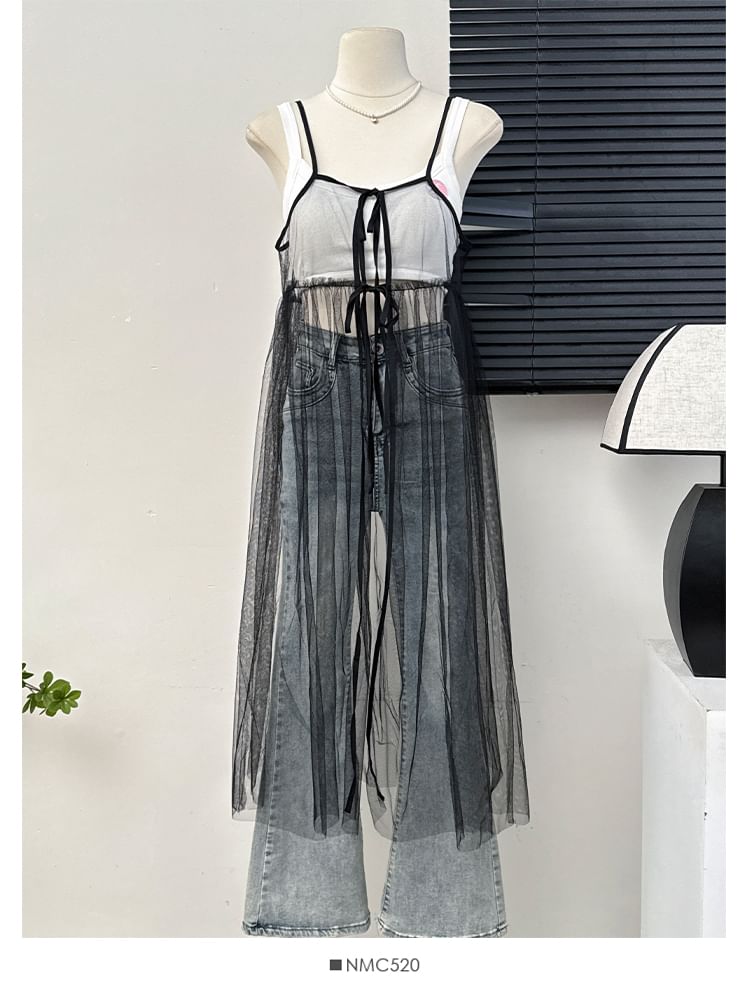 Lemongrass - Midi-jurk van mesh met spaghettibandjes en strik aan de voorkant