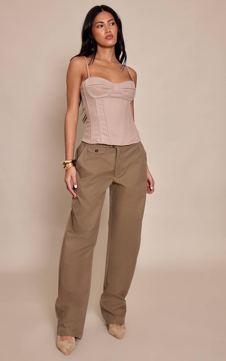 Kaki Pantalon Tissé À Jambe Tonneau Avec Boutons