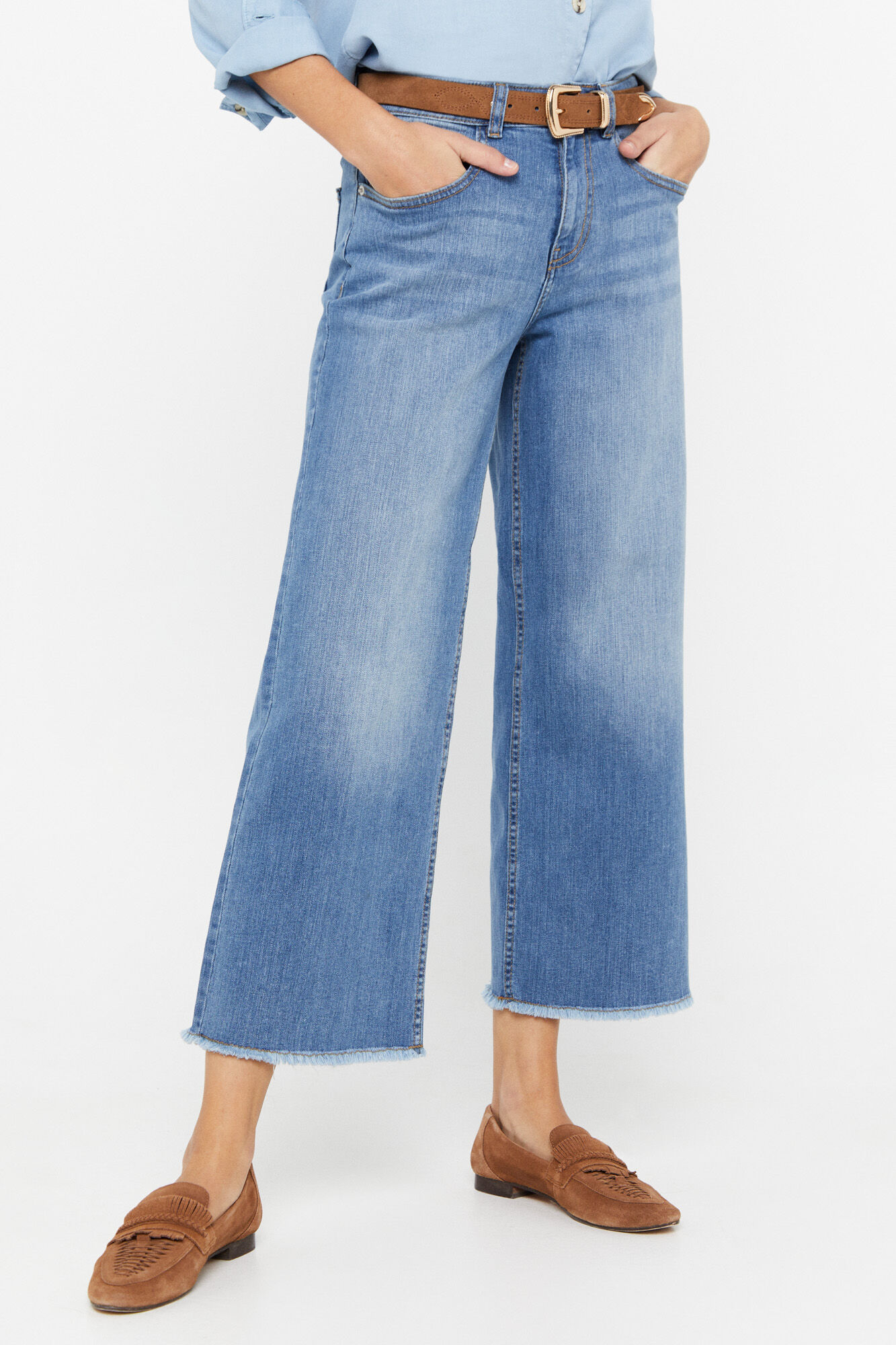 Calça jeans palazzo de 5 bolsos - Azul escuro