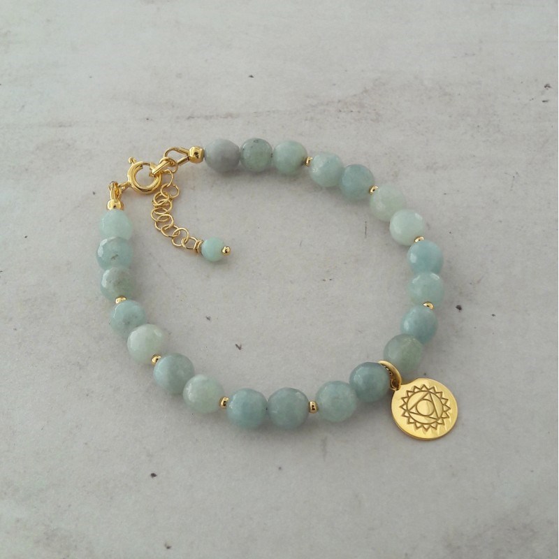 Bracelet Aigue-Marine Chakra Vishuddha Argent 925 Doré