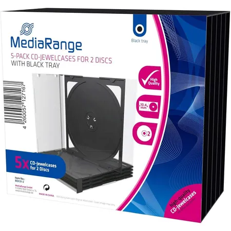MediaRange CD-Leerhülle, Jewelcase, für 2 CDs, transparent/schwarz, 5 Stück